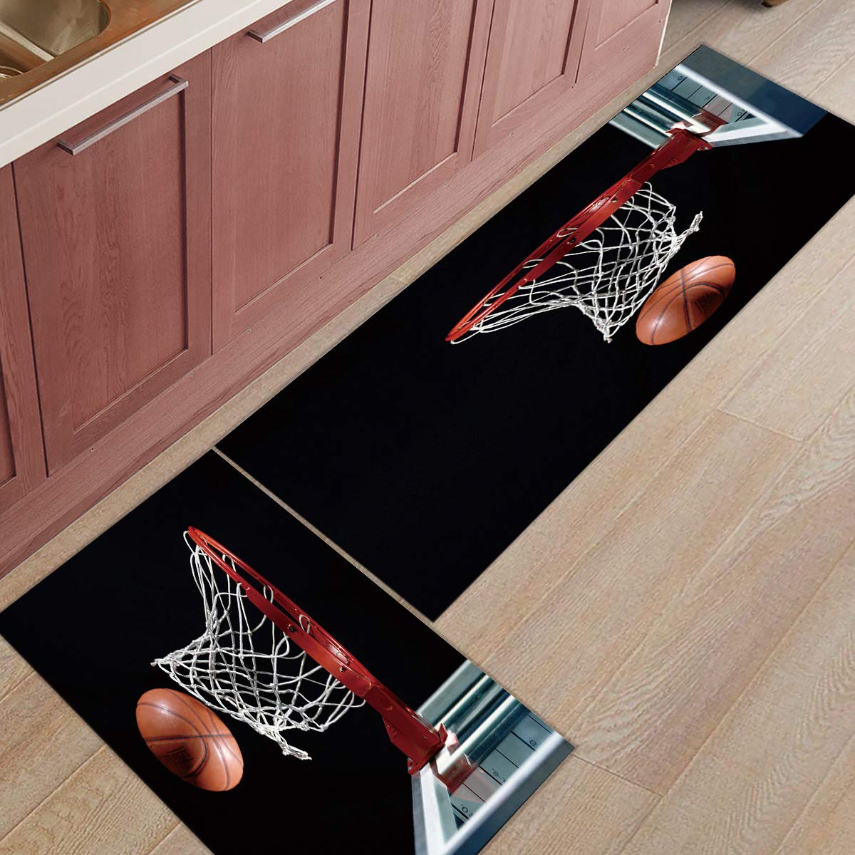 Z&L Home 2-Piece Non-Slip Kitchen Rug Set with Rubber Backing - Washable Indoor Floor Mats & Basketball Hoop Doormat in Black | Perfect for Entryway, Kitchen, Laundry Room & High-Traffic Areas