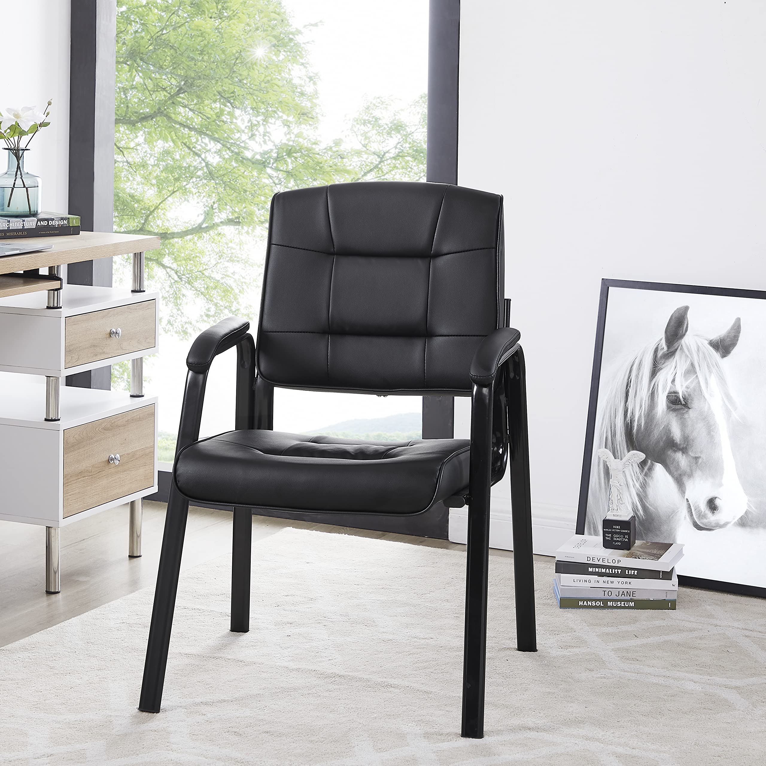 Naomi Home 2-Piece Heavy Duty Leather Executive Waiting Room Chairs Set - Black - Padded Armrest Lobby Reception Chairs for Office, Clinic, Hotel, and Conference Room Guest Seating