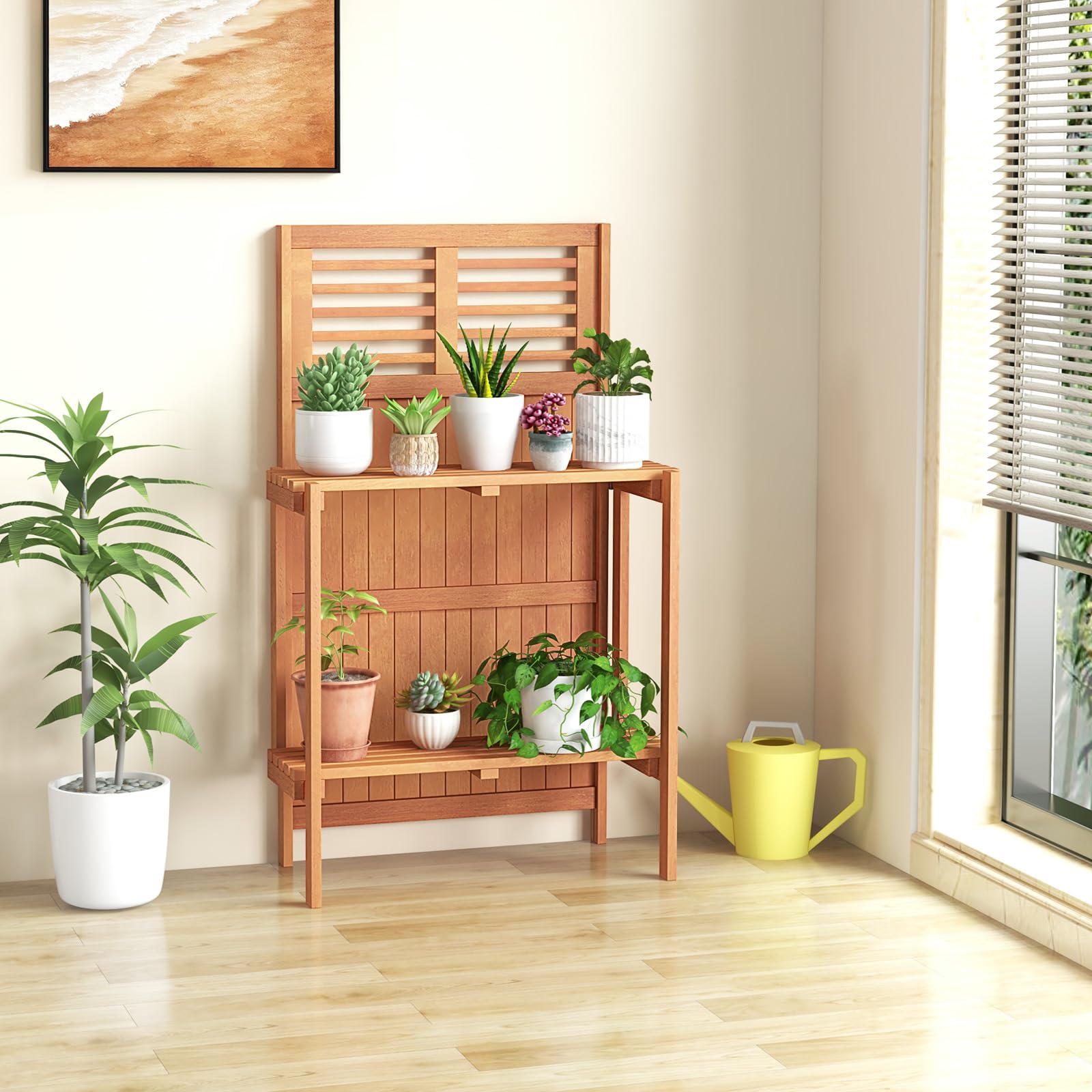 Folding Potting Bench with Trellis & 2-Tier Shelves - Sturdy Wooden Garden Workstation for Planting, Potting & Organizing - Perfect for Outdoor, Deck, Balcony, Backyard & Gardening Enthusiasts