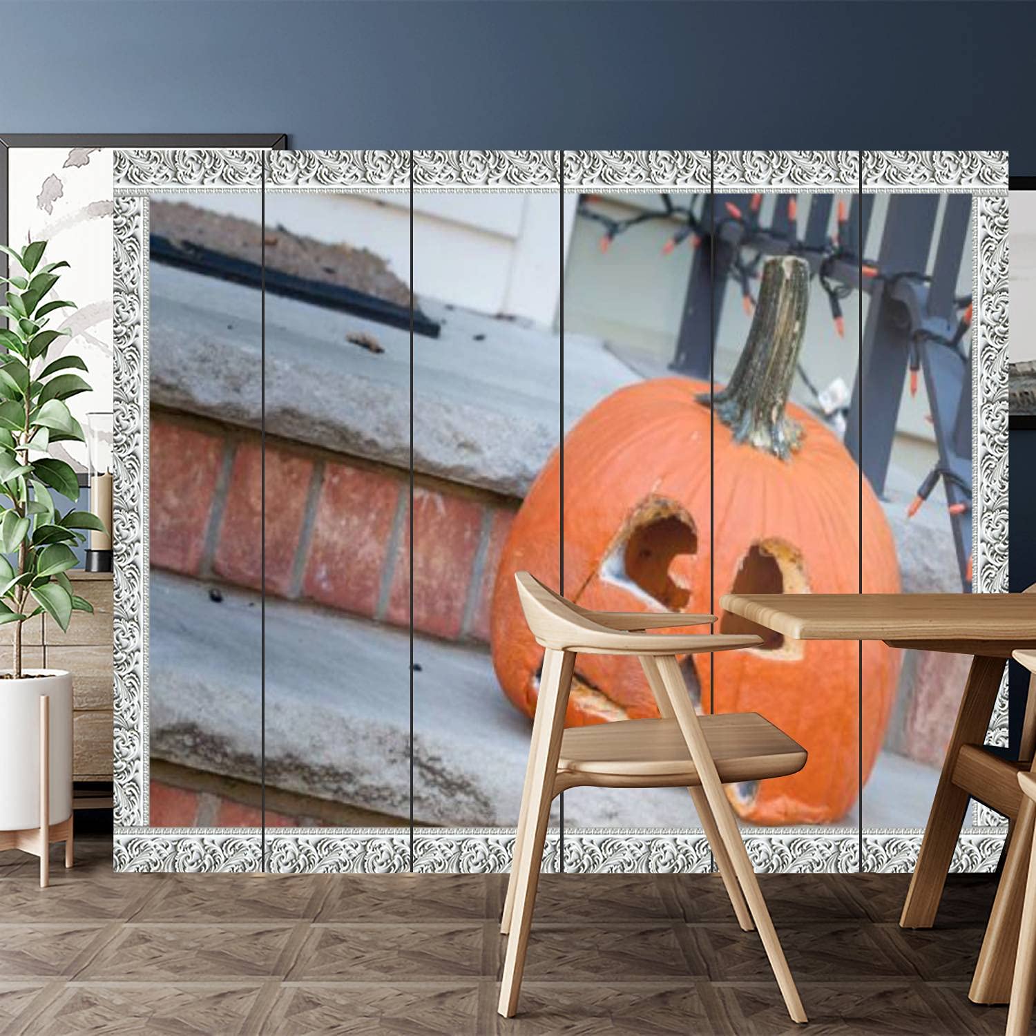 6-Panel Canvas Room Divider Screen - Privacy Partition for Home, Office, Bathroom & Pool Areas | Halloween Pumpkin Window Design | Versatile Space Separator for Indoor/Outdoor Use