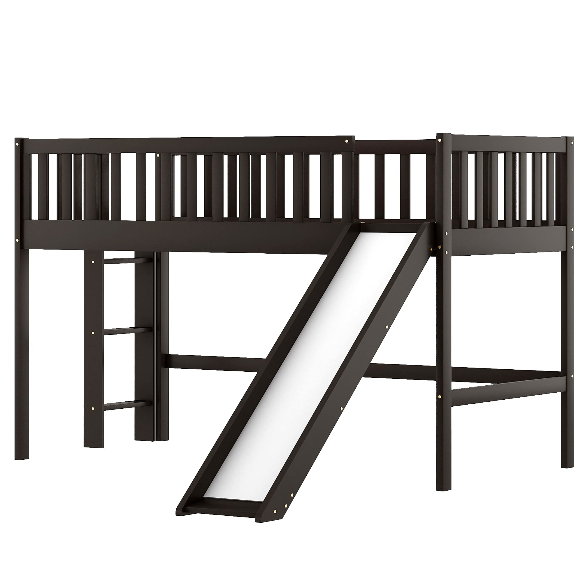 Twin Size Low Loft Bed with Ladder and Slide - Solid Wood Loft Bed Frame for Kids, Teens & Toddlers - Low Profile Mini Loft Bed with Safety Rails (Espresso & Pine Wood) - Perfect for Small Bedrooms, Playrooms & Dorm Rooms