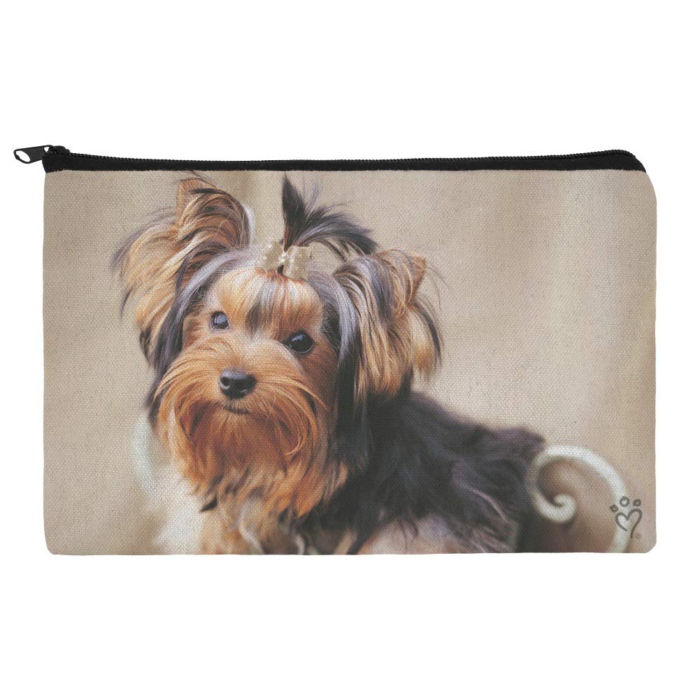 Yorkie Yorkshire Terrier Puppy Dog Makeup Bag - Cute Satin Cosmetic Pouch with Bow for Travel, Gym & Daily Essentials Organization