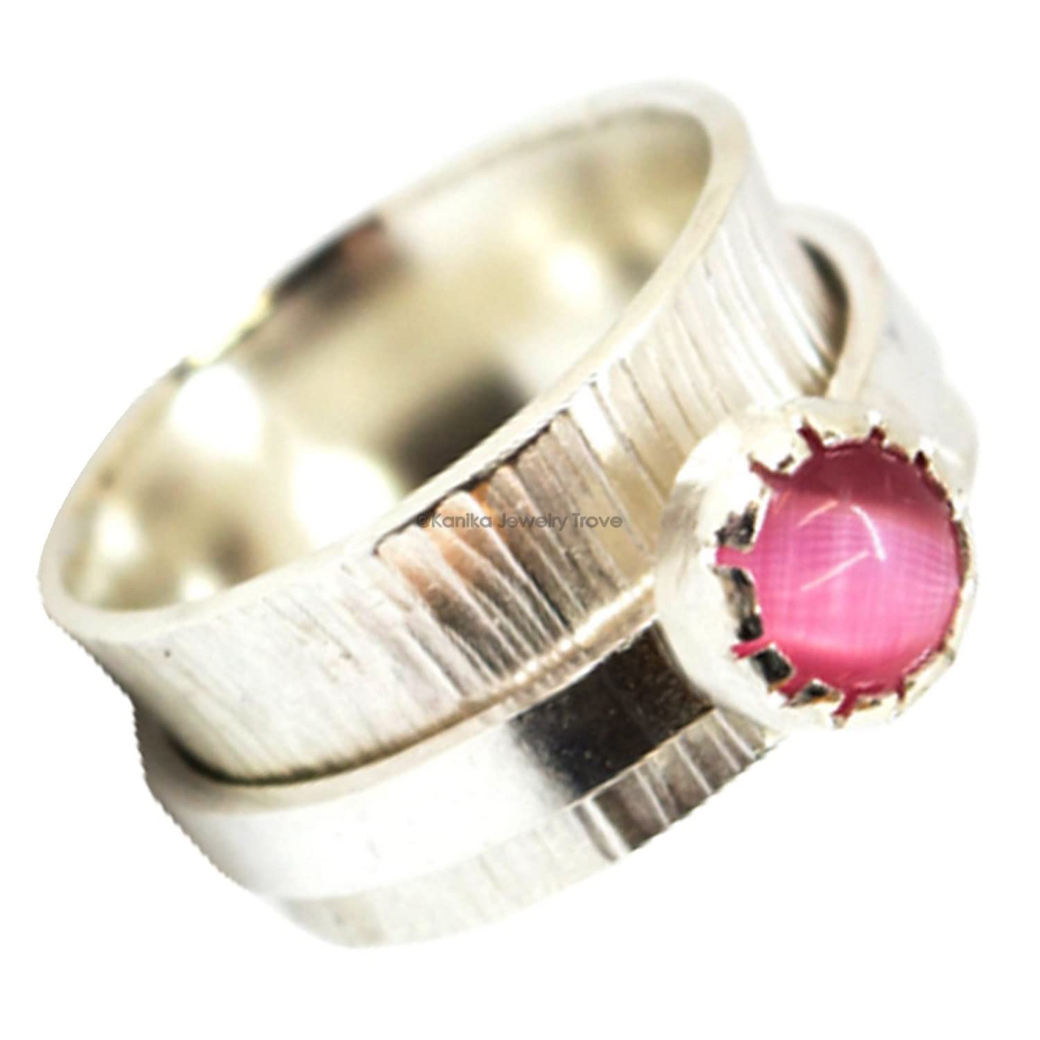 Textured Sterling Silver Spinner Ring for Men & Women - Scratched Finish Meditation Ring, Anxiety Relief Jewelry - Pink Tourmaline Size 14 - Perfect Gift for Mother's Day, Birthday & Stress Relief