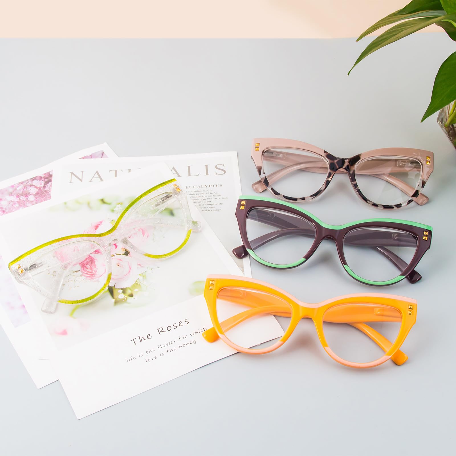 KoKoBin Blue Light Blocking Cat Eye Reading Glasses - 3 Pack Fashion Computer Glasses with Spring Hinge for Women - Perfect for Office Work, Screen Time & Digital Eye Strain Relief
