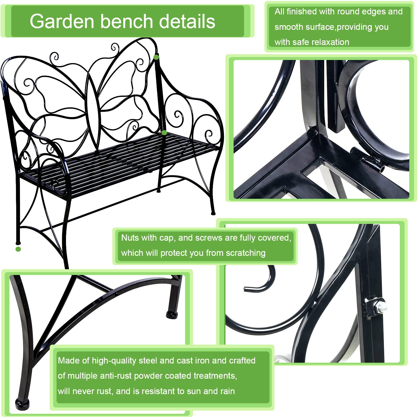 **HLC Outdoor Bench - Cast Iron Metal Garden Bench with Armrests, Double Seats in Black - Perfect for Patio, Garden, Park, Yard, Porch & Lawn Decor**