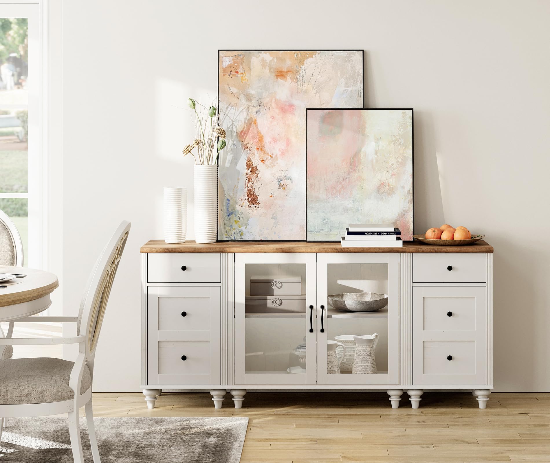 Modern WAMPAT Buffet Cabinet with Glass Doors & Charging Station - Wooden Sideboard Storage Credenza for Kitchen, Dining Room & Living Room - White Coffee Bar Cabinet for Home Decor & Entertainment Spaces