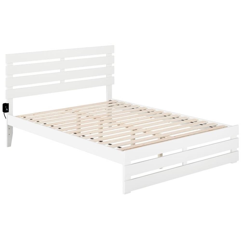 BOWERY HILL Solid Wood Queen Size Farmhouse Bed Frame with Footboard & USB Charging Ports - White - Perfect for Modern Farmhouse, Cottage & Rustic Bedroom Decor