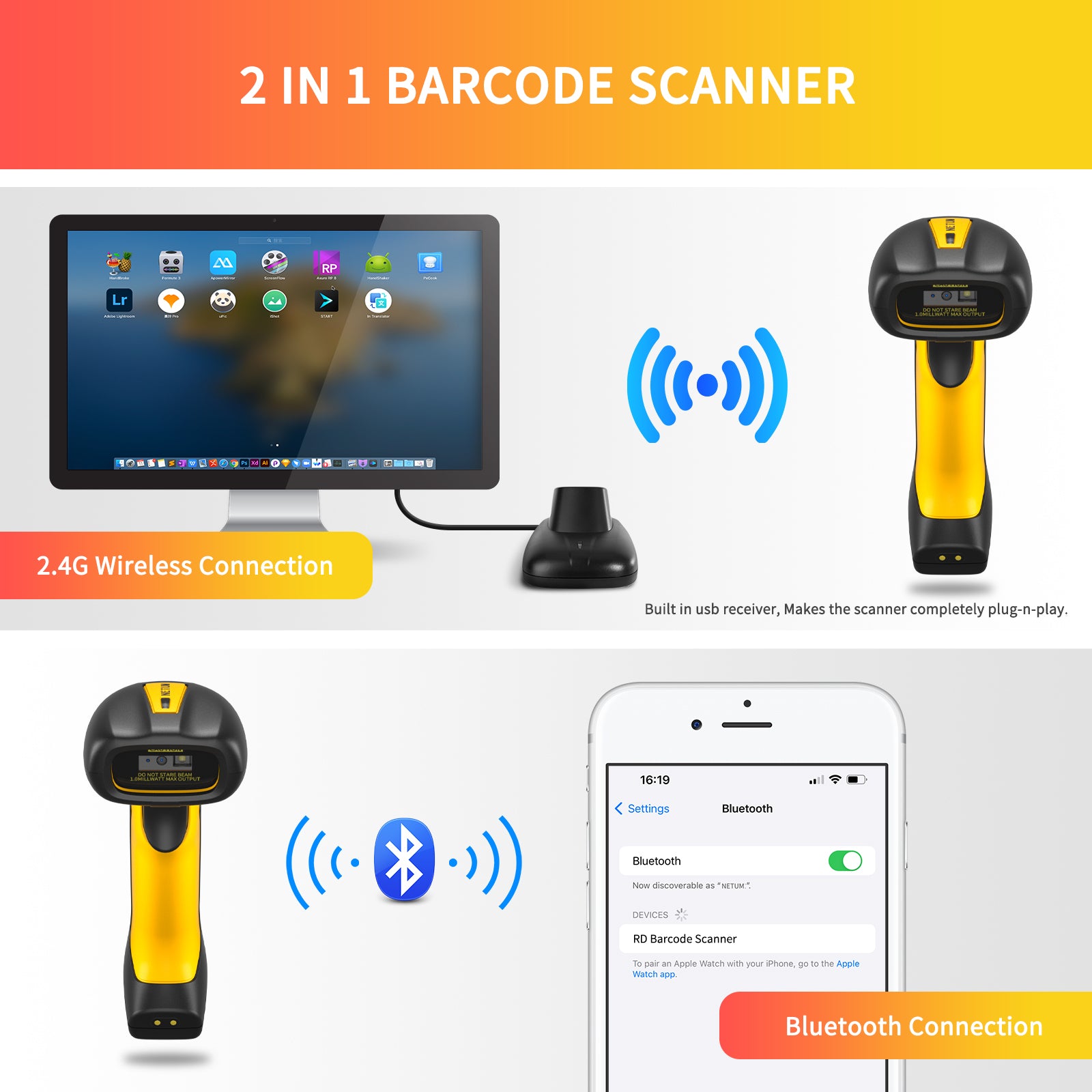 NT 1202W Wireless 2D Barcode Scanner - Industrial Grade Hands-Free Bluetooth Barcode Reader for Warehouse, Retail & Logistics Inventory Management