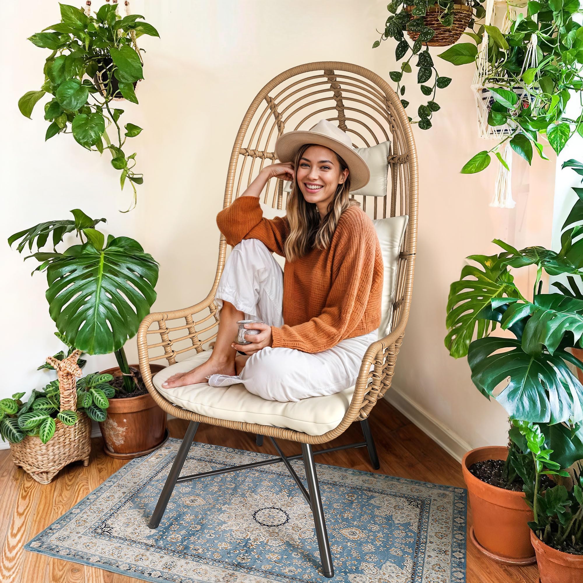 YITAHOME Outdoor Narrow Egg Chair - Patio Wicker Hanging Basket Chair with 370lbs Capacity, Indoor Egg Chair with Stand & Cushion - Cocoon Chair for Bedroom, Garden, Balcony - Perfect for Relaxing, Reading & Sunbathing (Beige)