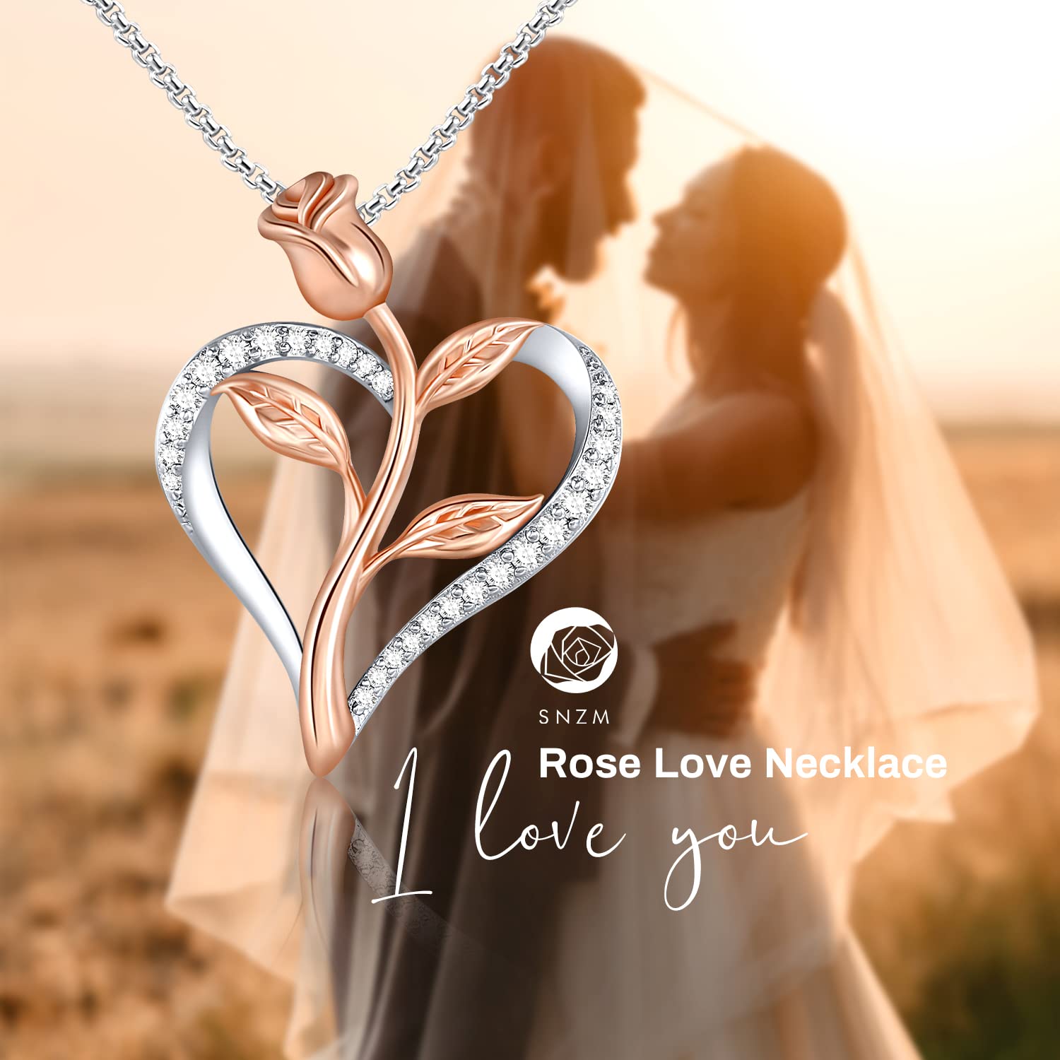 Valentine's Day Rose Necklace for Women - Cubic Zirconia Heart Pendant in Silver & Rose Gold 2-Tone with Jewelry Box - Perfect Romantic Gift for Her, Birthday, Anniversary & Special Occasions