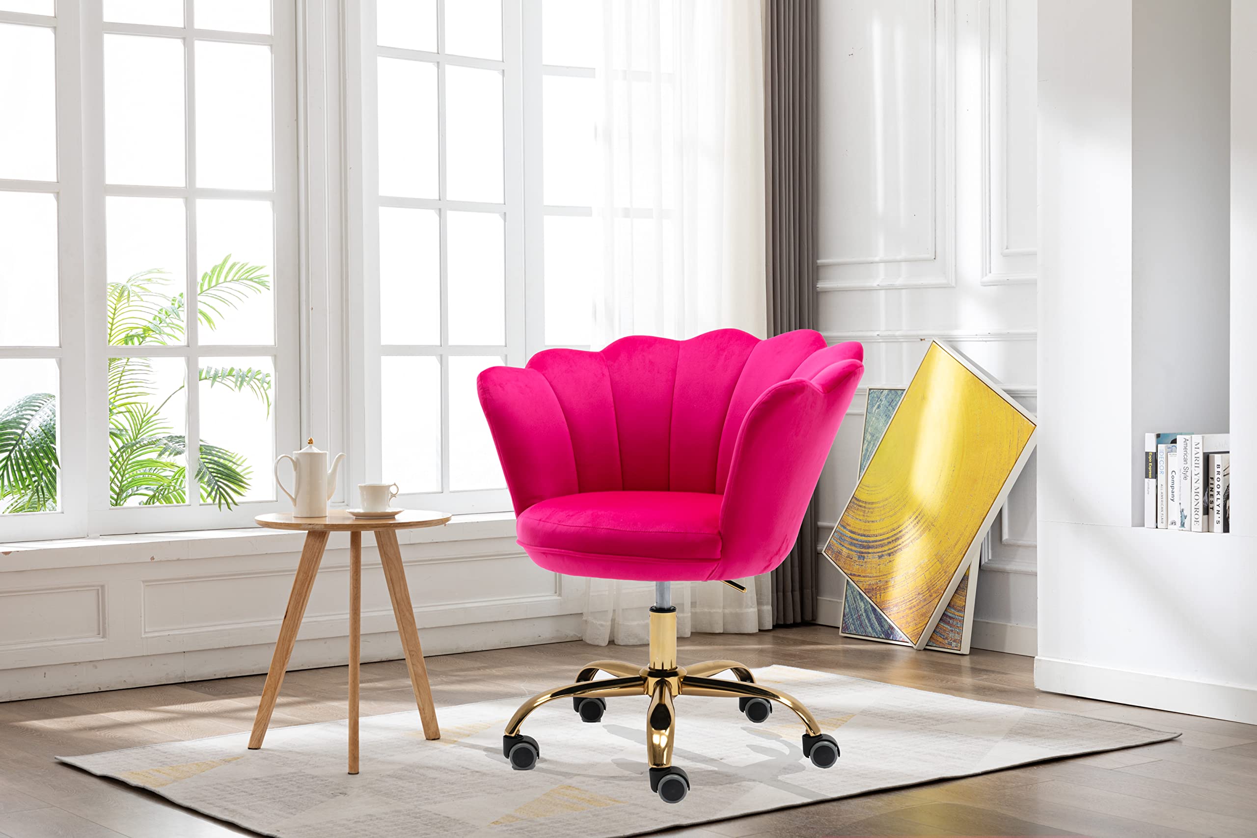 Modern Velvet Home Office Chair with Wheels & Swivel - Adjustable Height Desk Chair for Work, Study, Makeup Vanity - Rose Red for Living Room, Bedroom & Home Office
