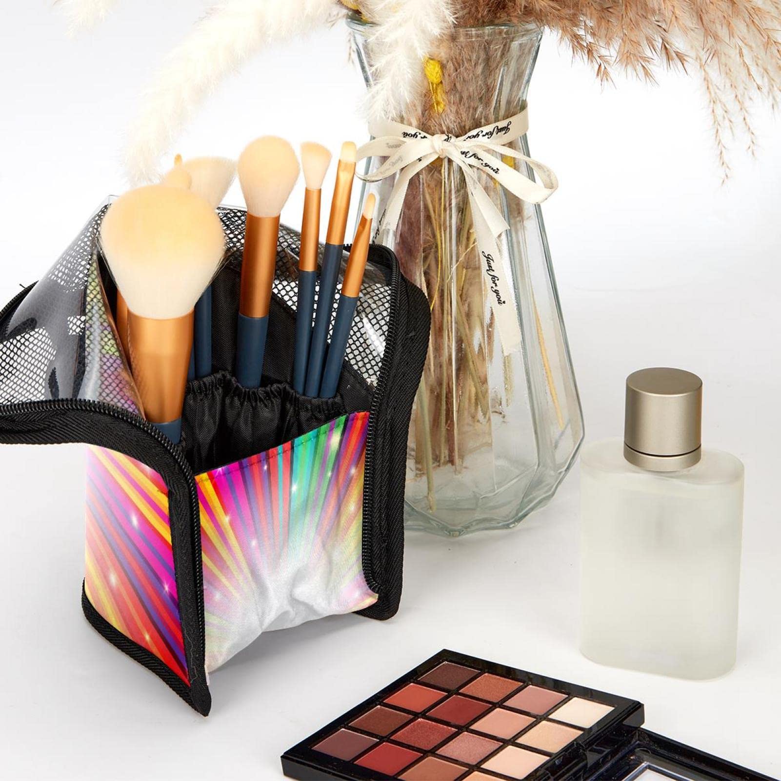 12-Piece Makeup Brush Organizer Bag with Colorful Stripes & Light - Portable Travel Cosmetic Brush Holder Set for Professional Artists & Beginners (Perfect for Home, Travel & Salon Use)