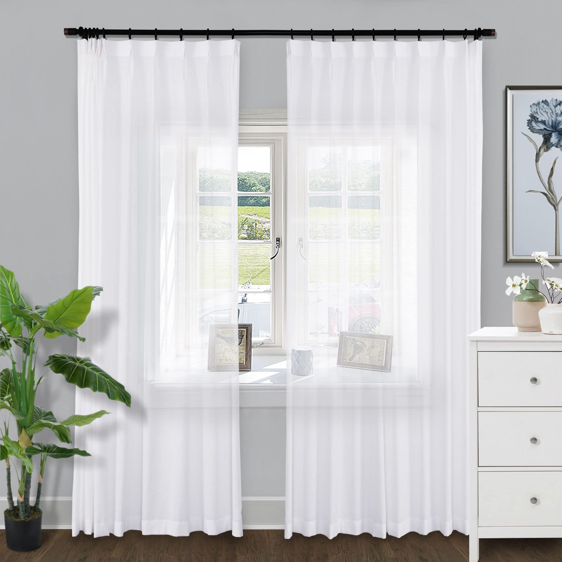 84 Inch White Linen Textured Sheer Curtains - Pinch Pleated Light Filtering Drapes for Bedroom & Living Room (2 Panels 42