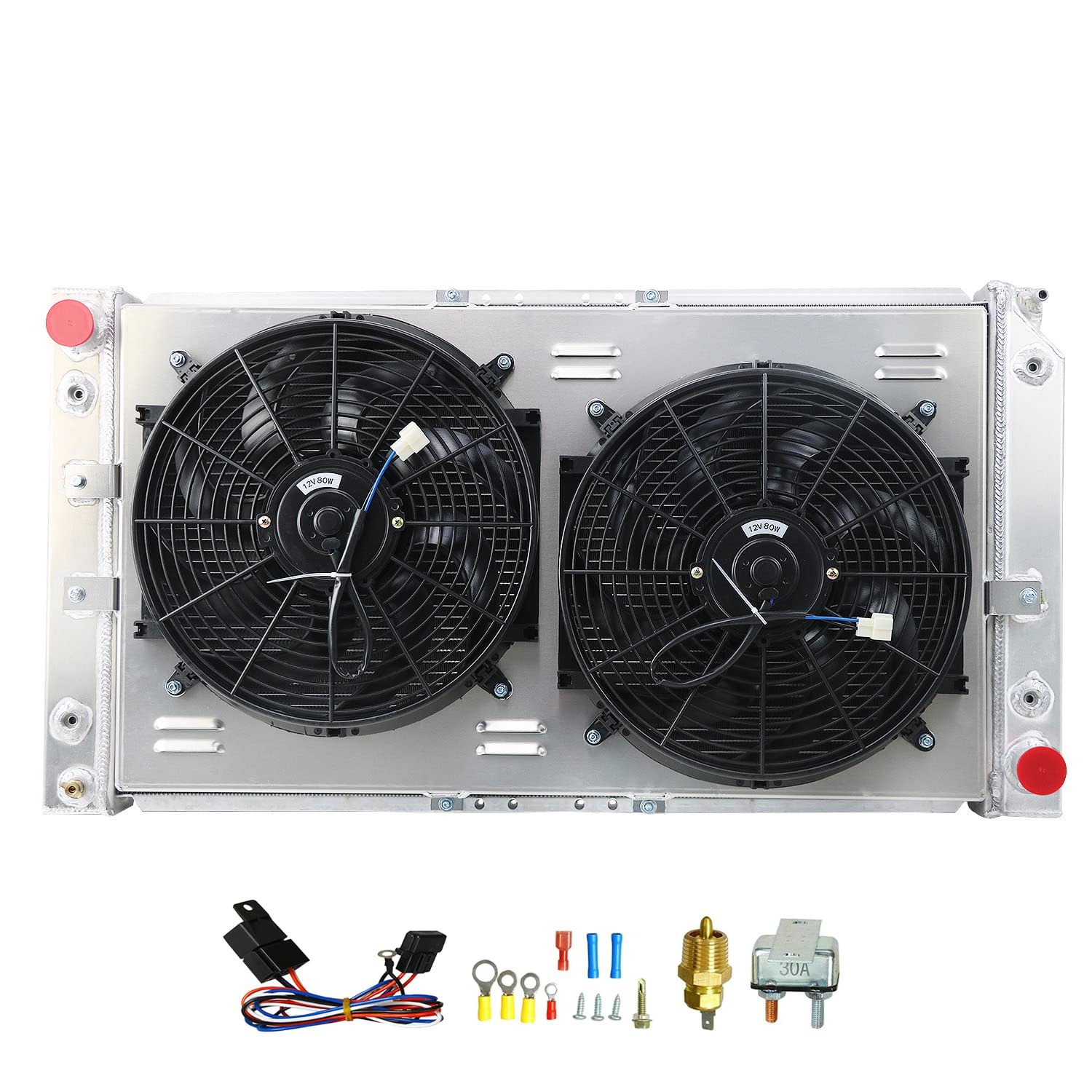 High-Performance Aluminum Radiator for 1994-1996 Chevy Impala, Caprice, Cadillac Fleetwood & Buick Roadmaster 5.7L V8 - 3 Row Core with Electric Fan Shroud & Thermostat Kit - Perfect for Engine Cooling & Performance Upgrades