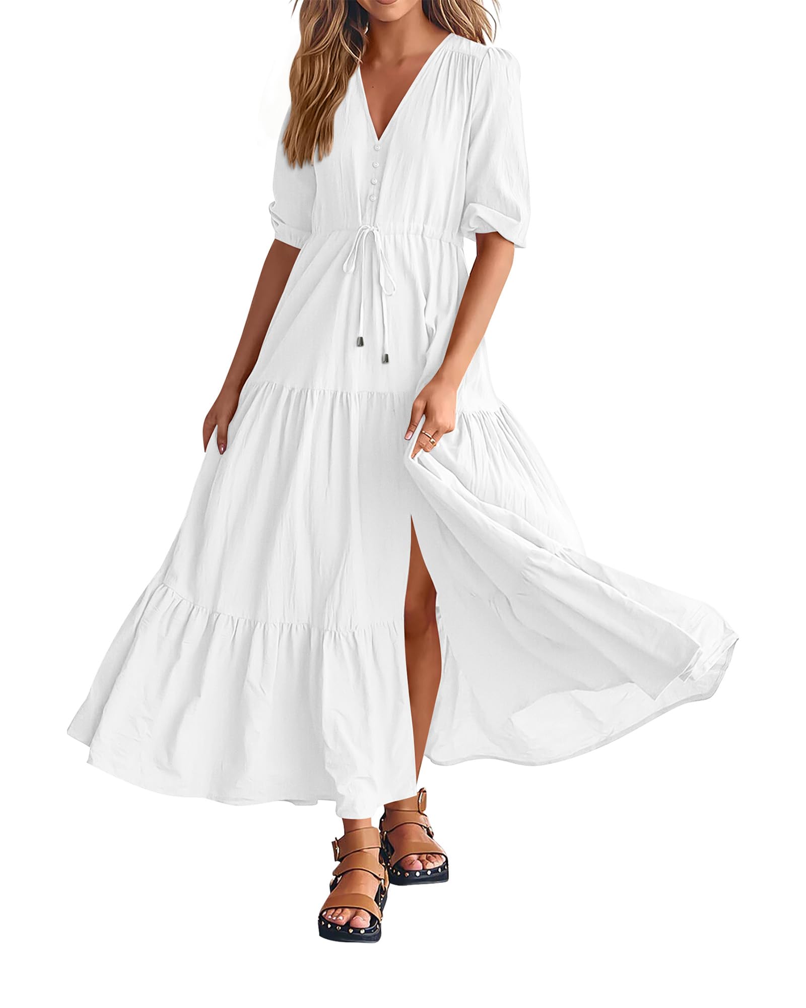 BTFBM Women's Summer Maxi Dress - Short Sleeve V-Neck Button Down Boho Long Dress with Drawstring Waist, Solid Color Flowy Beach Dress for Vacation, Party & Casual Wear