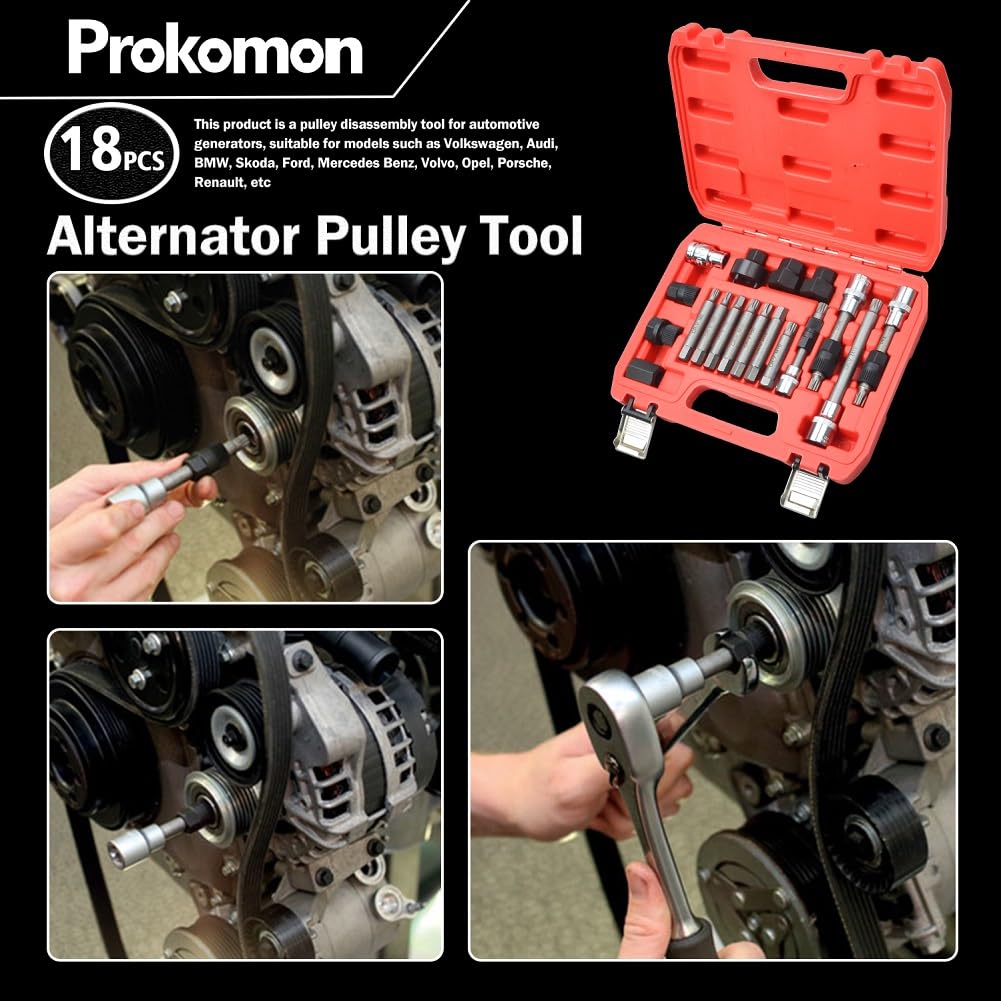 Prokomon 18-Piece Alternator Pulley Tool Kit - Professional Pulley Removal Tool Set with Insert Bit Sockets for Automotive Repair - Perfect for Mechanics & DIY Car Maintenance