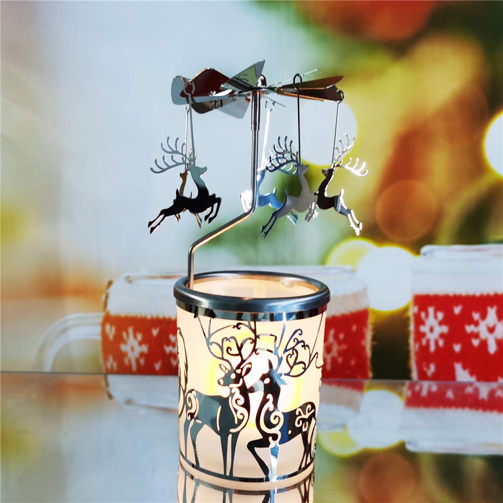 Rotating Carousel Candle Holder - Spinning Metal Tea Light Candlestick for Home Decor (Silver Reindeer Design) | Perfect for Christmas Decorations, Wedding Centerpieces & Cozy Ambiance