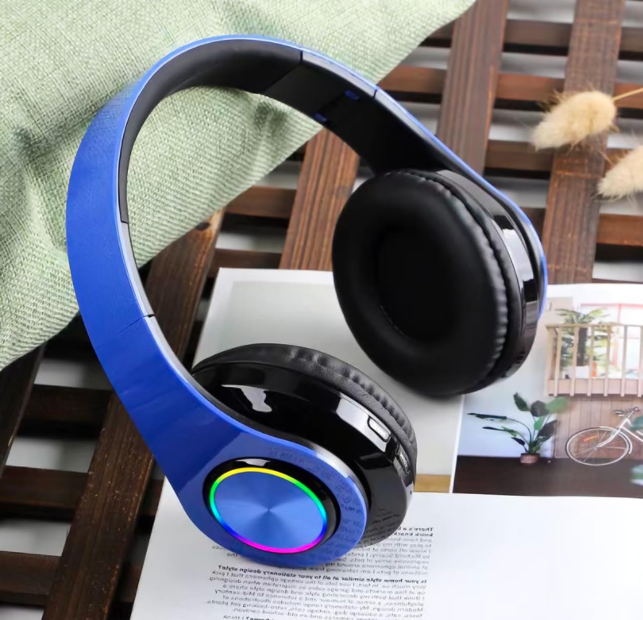 Wireless Bluetooth Headphones with Colorful LED Lights, 40H Playtime, Foldable Design, Bluetooth 5.0, 10m Range, Stereo Sound, Built-in Mic - Perfect for Gym, Running, Travel & Work (Blue)