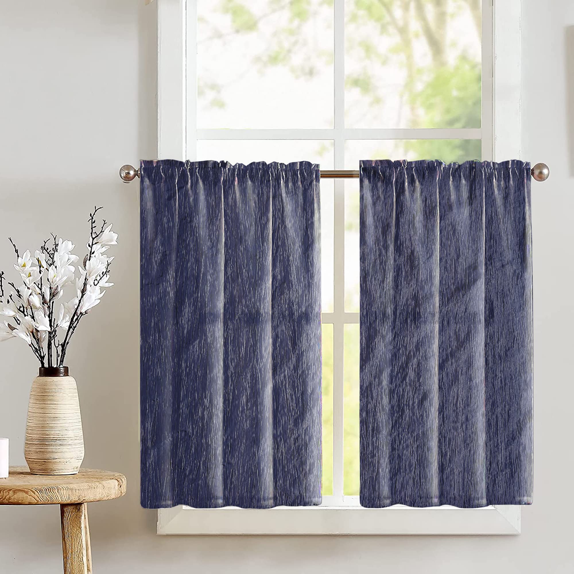 Crushed Crinkle Taffeta Tier Window Valance 2-Piece Set - Navy Blue Home Decor for Bedroom, Nursery & Kitchen - Elegant Window Treatment for Living Room & Dining Area