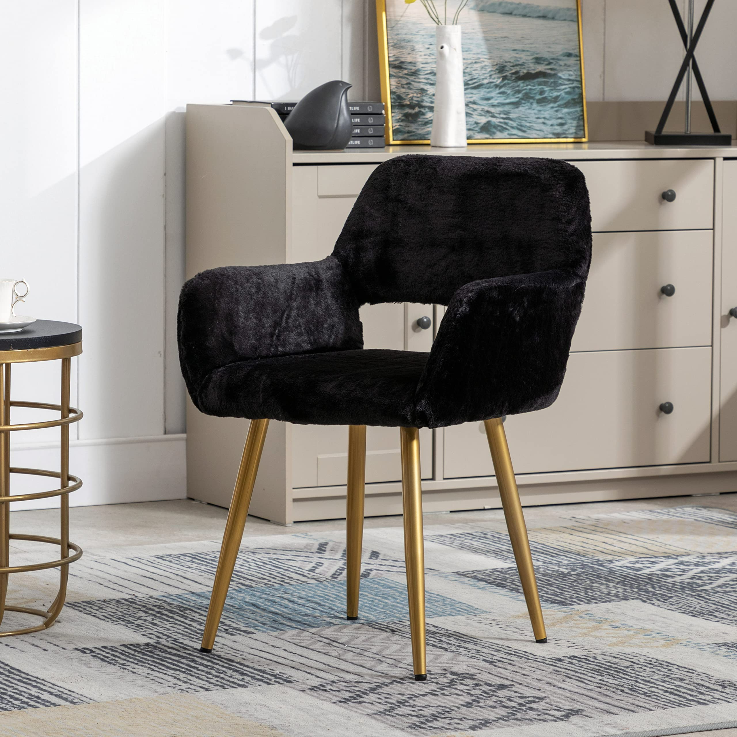 Modern Faux Fur Vanity Chair - Black Fluffy Adjustable Office Makeup Chair for Women & Girls, Elegant Upholstered Armchair for Living Room, Bedroom & Home Office | Perfect for Makeup Vanity, Dressing Table & Reading Nook