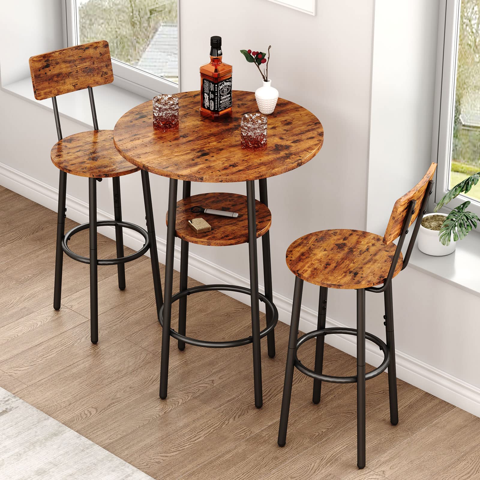 GNIXUU 3-Piece Pub Table Set - 24 Inch Round 2-Tier Bistro Table with 2 Backrest Bar Stools, Counter Height Dining Set for Kitchen Nook, Apartment, Small Space - Perfect for Breakfast Nook, Coffee Corner & Compact Living Areas