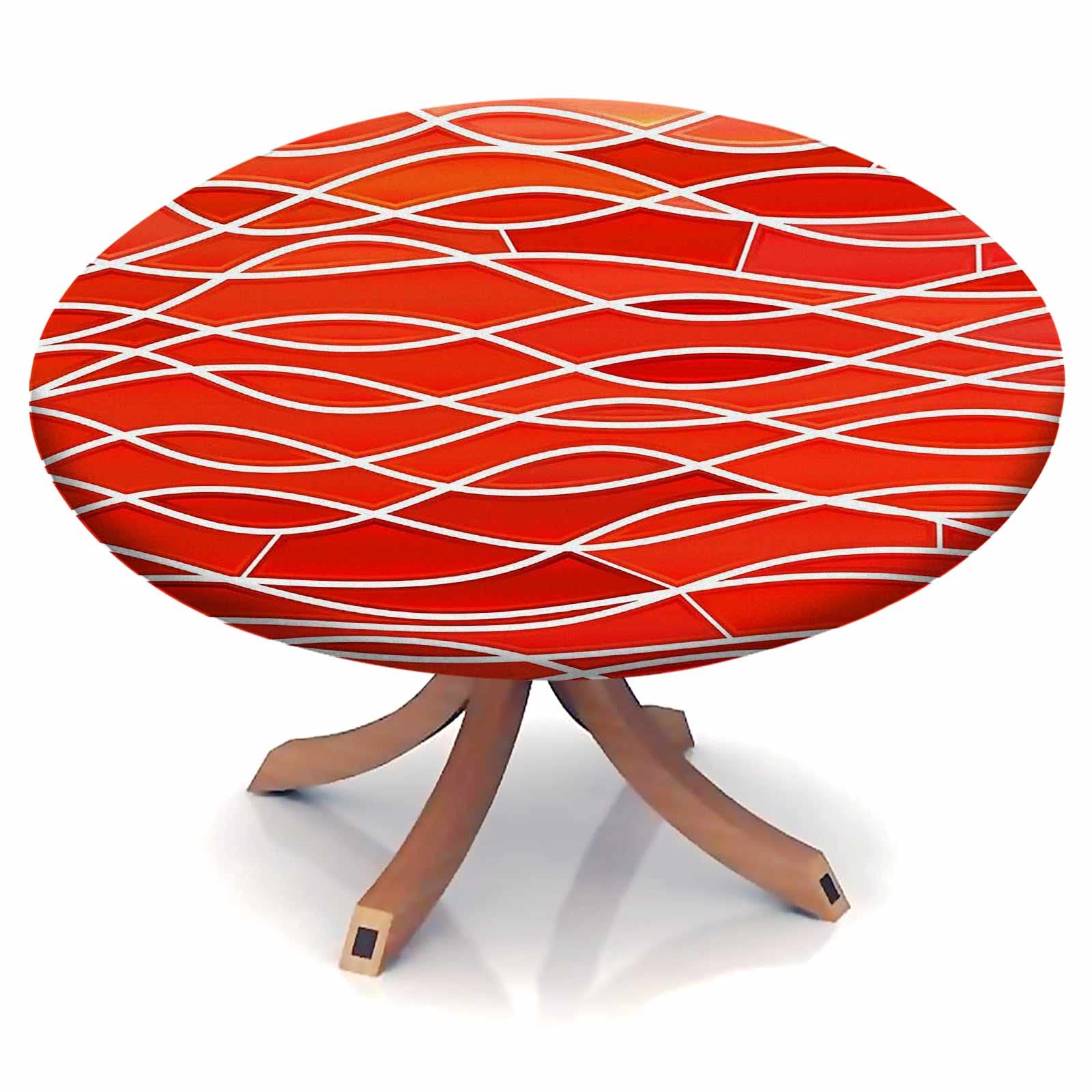 **52 Inch Round Geometric Fitted Tablecloth - Red Stretch Fabric Table Cover for 40