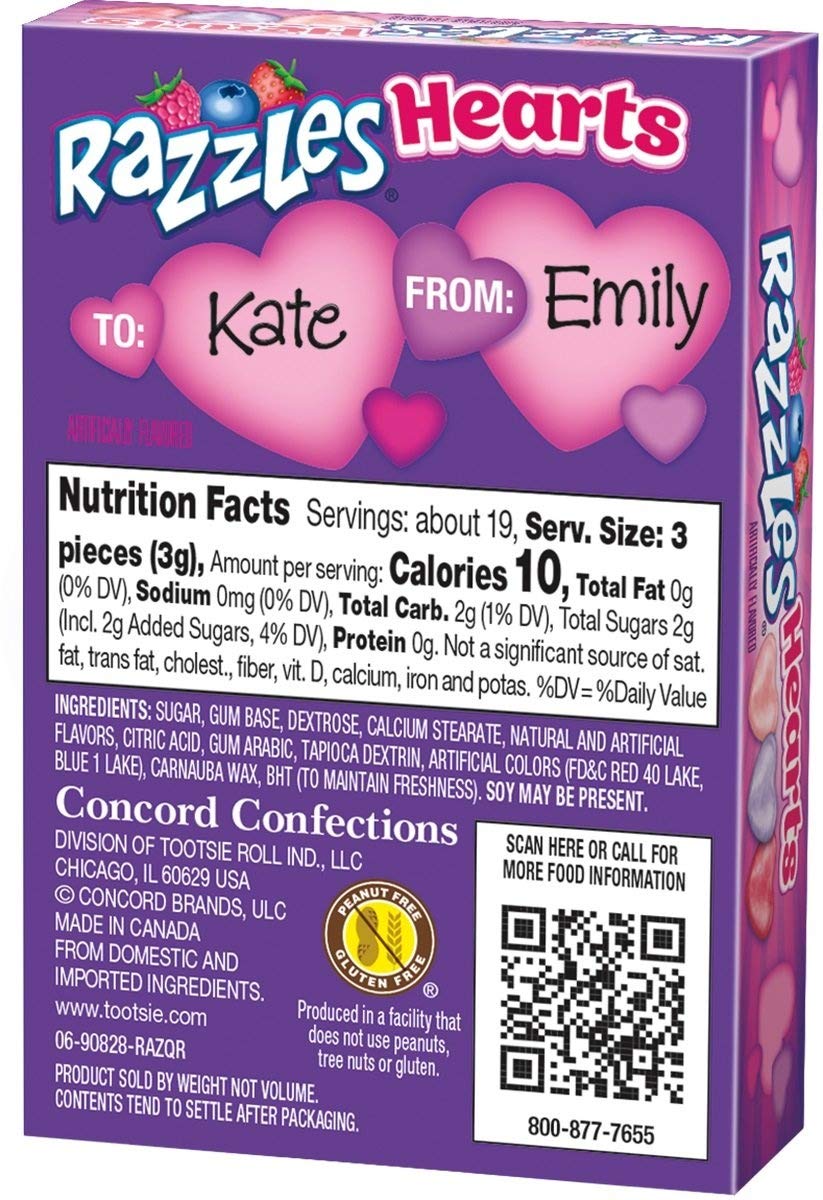 Concord Valentine Razzles Hearts Candy - 2 Ounce Box (24 Count) | Sweet Heart-Shaped Candies for Valentine's Day Gifts, Party Favors & Romantic Celebrations