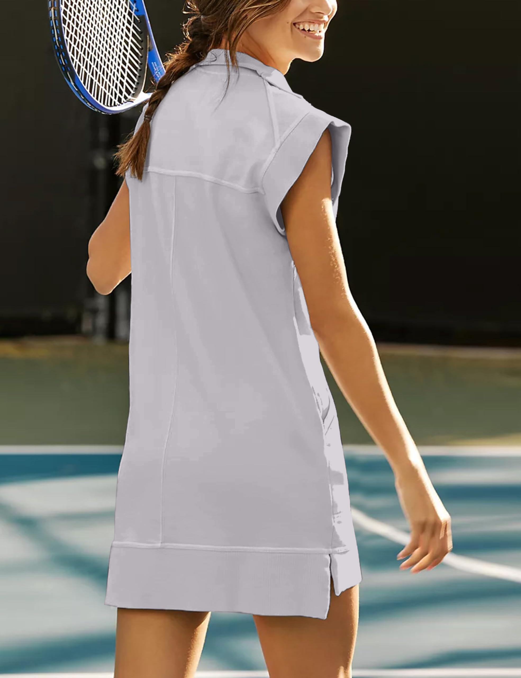 Women's V-Neck Sleeveless Sweatshirt Dress - Summer Collared Workout Tunic Mini Dress for Yoga, Running & Casual Wear