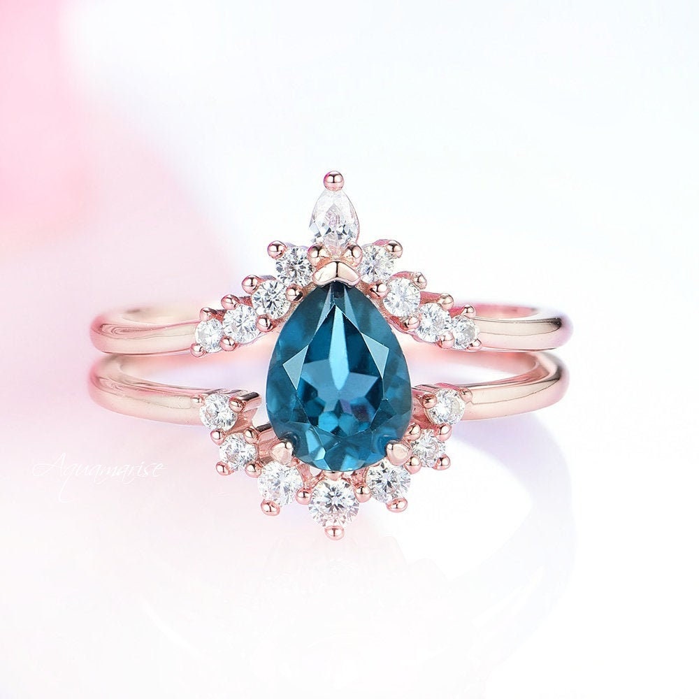 14K Solid Rose Gold Lunette Natural London Blue Topaz Engagement Ring Set - Perfect for Proposals, Anniversaries & Special Occasions