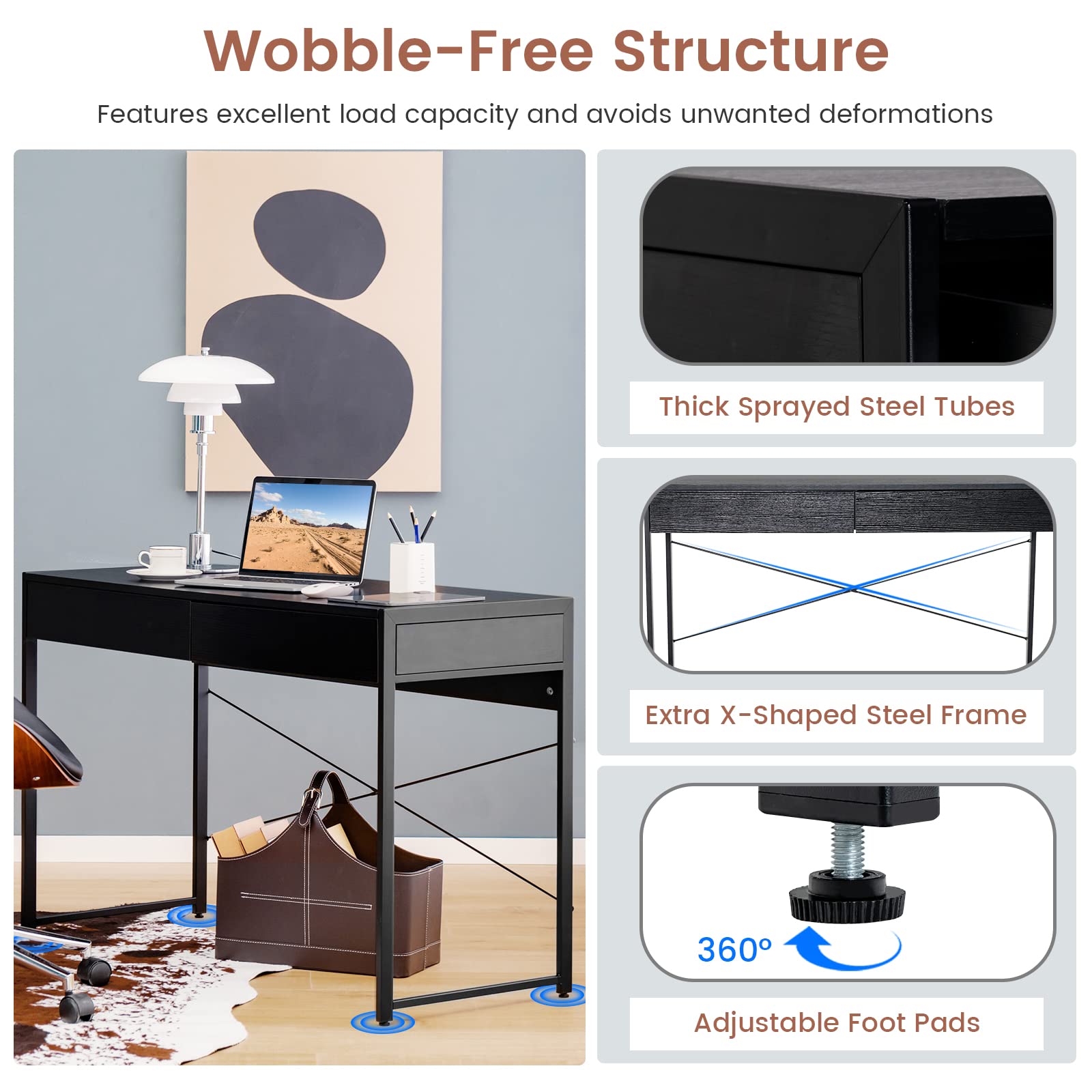 GOFLAME 44 Inch Computer Desk with 2 Storage Drawers - Sturdy Steel Frame Home Office Desk, Study Writing Workstation & Makeup Vanity Table for Living Room, Bedroom & Home Office - Perfect for Remote Work, Online Classes & Small Space Organization (Black)