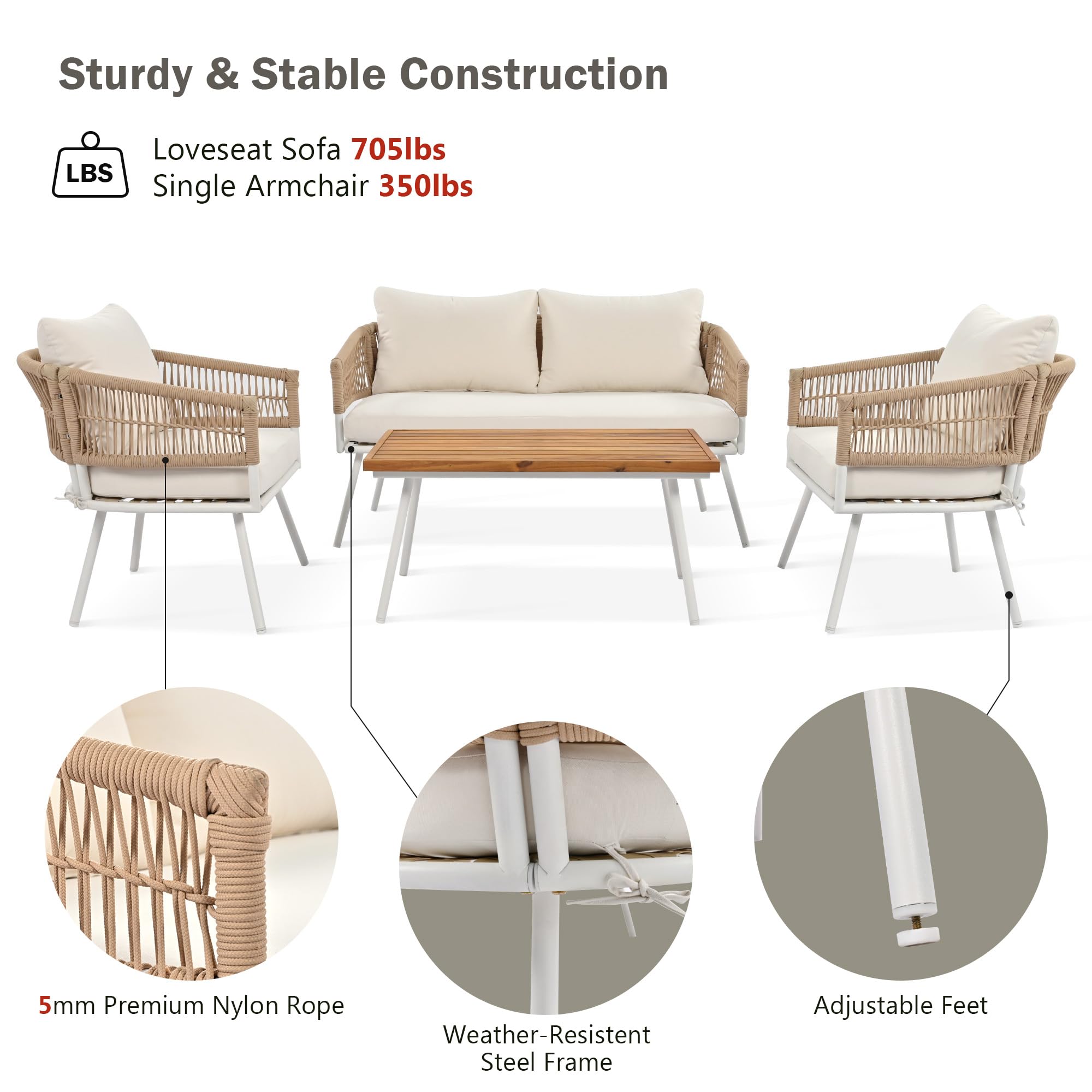 4-Piece Outdoor Patio Furniture Set with Thick Cushions & Deep Seating - Boho Style Acacia Wood Table Conversation Set for Backyard, Poolside or Garden - Perfect for Relaxing, Entertaining and Outdoor Gatherings (Beige)