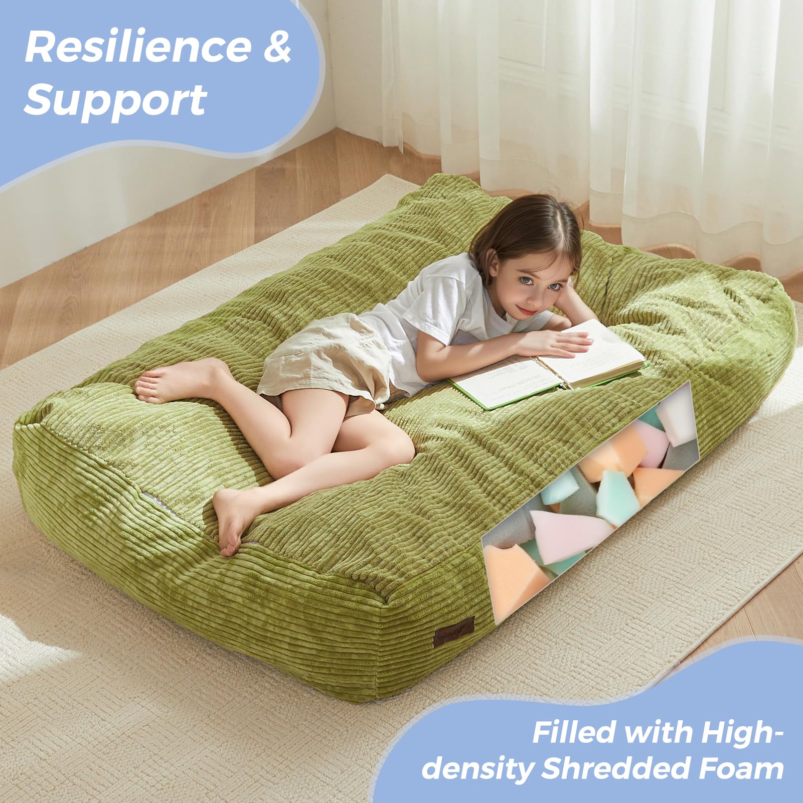 MAXYOYO Kids Corduroy Bean Bag Chair - Convertible to Floor Mattress | Green Soft Lounge Chair for Bedroom, Playroom & Dorm | Comfortable Reading Nook & Gaming Seat