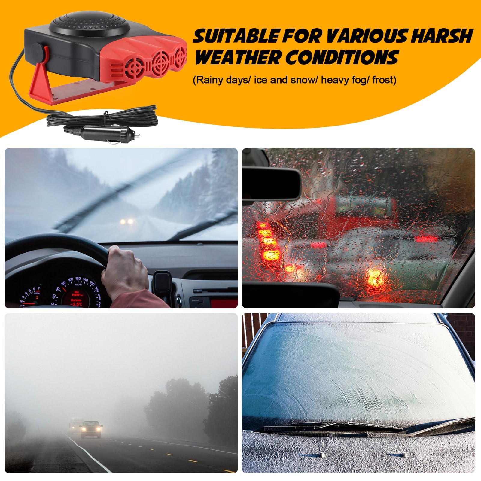 12V Car Heater for Vehicle - Fast Heating 2-in-1 Defrost Defogger, Cigarette Lighter Plug-in, Ideal for Winter Driving and Cabin Warm-Up