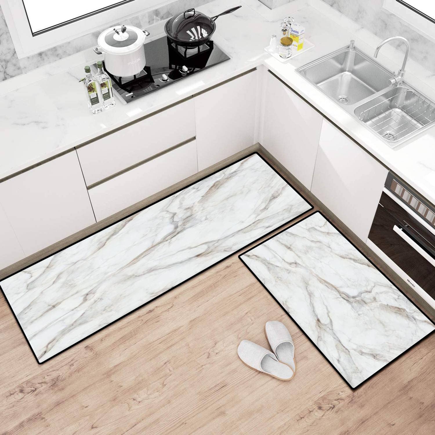 Non-Slip Washable Kitchen Rugs Set - Abstract Marbling Texture White Marble with Grey Beige Veins - Anti-Fatigue Floor Mats for Cooking & Standing Comfort - Perfect for Kitchen, Bathroom & Entryway Decor