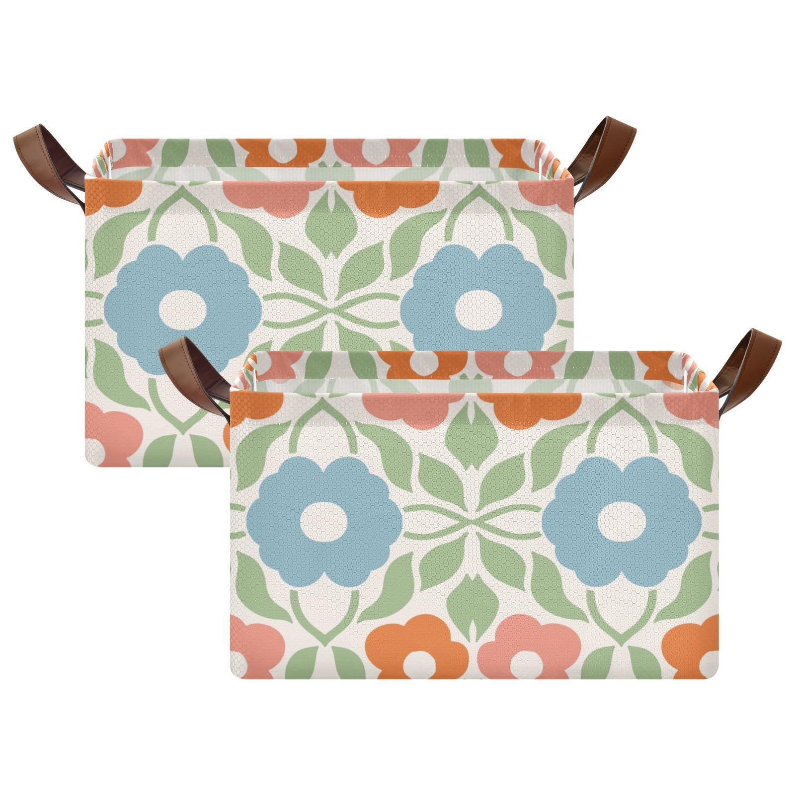 Yuiboo 2-Pack Bohemian Fabric Storage Baskets with Handles - Orange & Blue Ethnic Design Shelving Bins for Clothing, Books & Home Organization | Perfect for Closet, Nursery & Laundry Room Storage