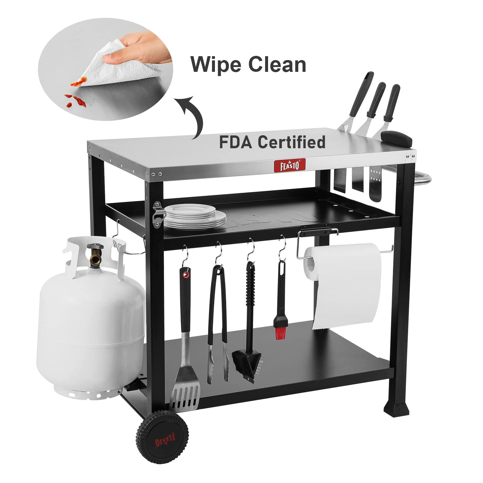 3-Shelf Outdoor Grill Table with Wheels - Portable Pizza Oven Stand for Ooni & Blackstone Griddle (33.5”x21.7”) - Heavy Duty Movable BBQ Cart for Indoor & Outdoor Cooking - Perfect for Backyard, Patio, Camping and Tailgating Parties