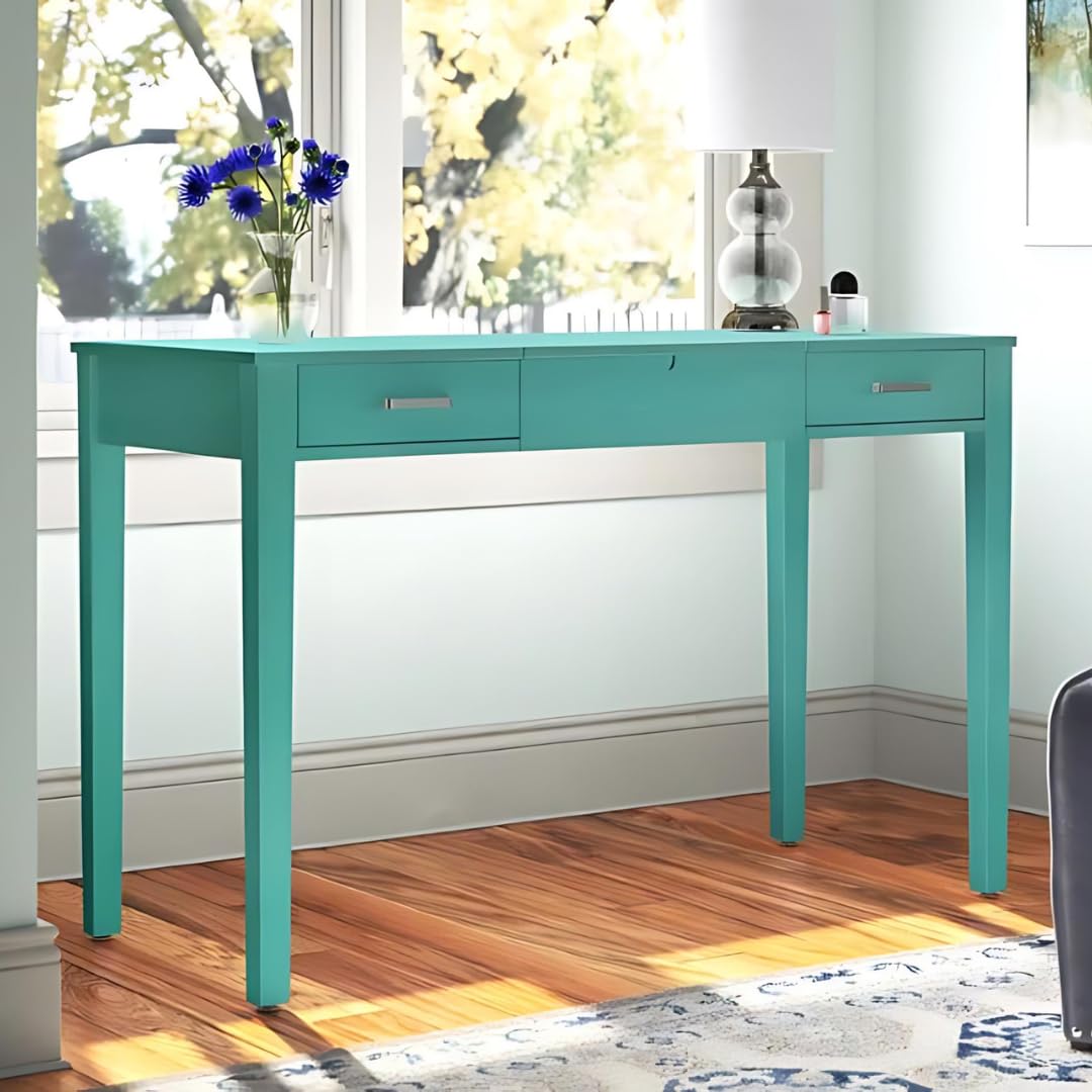 Hives and Honey Ainsley Vanity Desk with Lift-Top Mirror - Modern Wood Grain Makeup Dressing Table with 2 Drawers, USB & Power Outlet, Smooth Glide & Brushed Chrome Hardware - Perfect for Bedroom, Dorm, or Apartment Beauty & Organization (Turquoise)