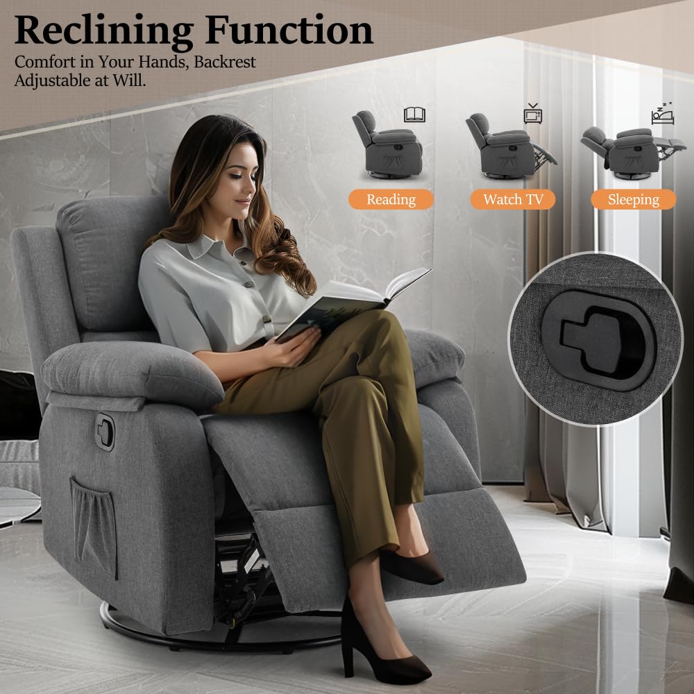360° Swivel Rocking Recliner Chair for Adults - Small Space Fabric Upholstered Glider with Side Pockets - Perfect for Living Room, Nursery & Small Apartments