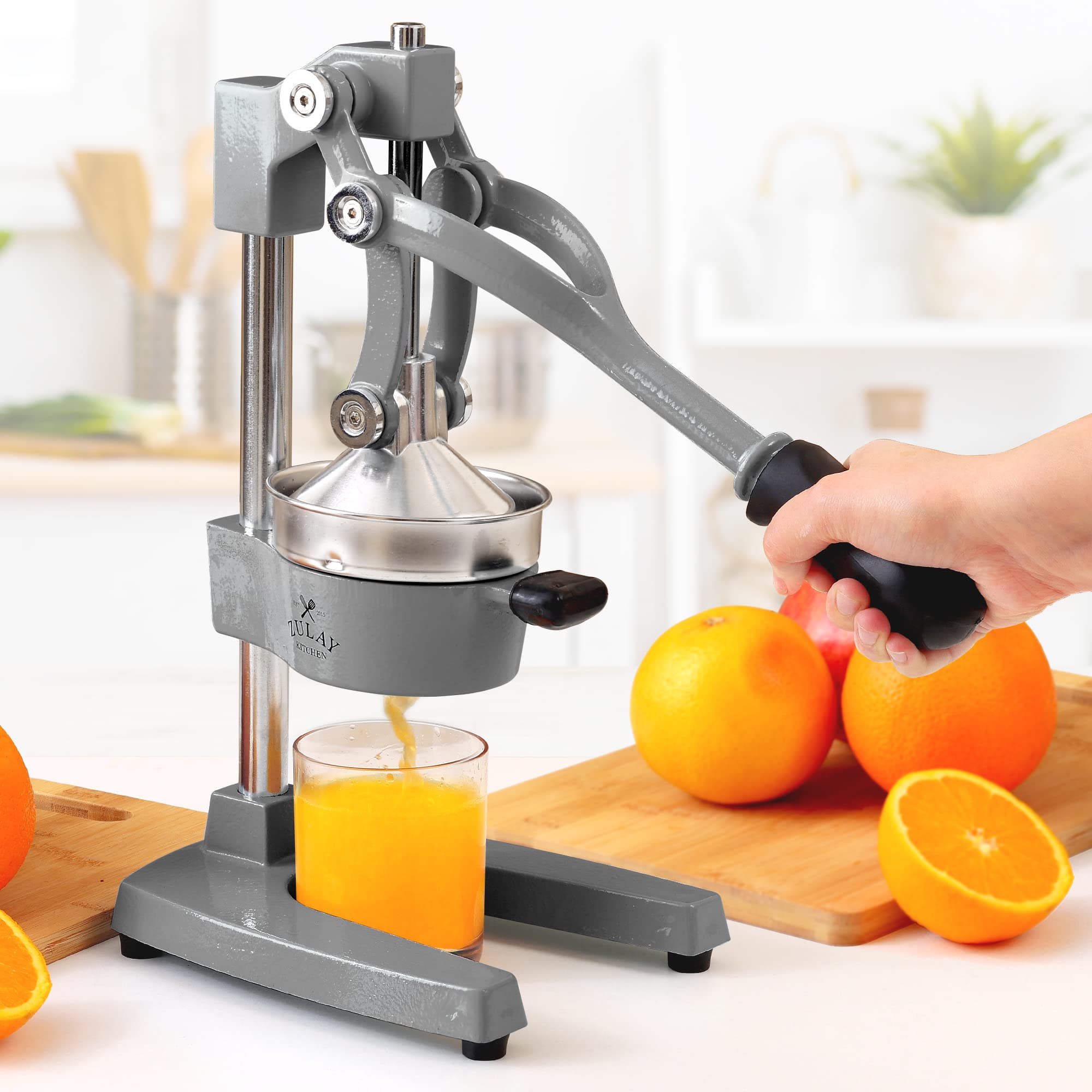 Zulay Kitchen Heavy-Duty Cast Iron Citrus Juicer - Professional Manual Orange & Lemon Squeezer with Stainless Steel Press - Easy to Clean, Durable for Fresh Juice - Perfect for Home Bars, Restaurants & Healthy Breakfasts (Gray)
