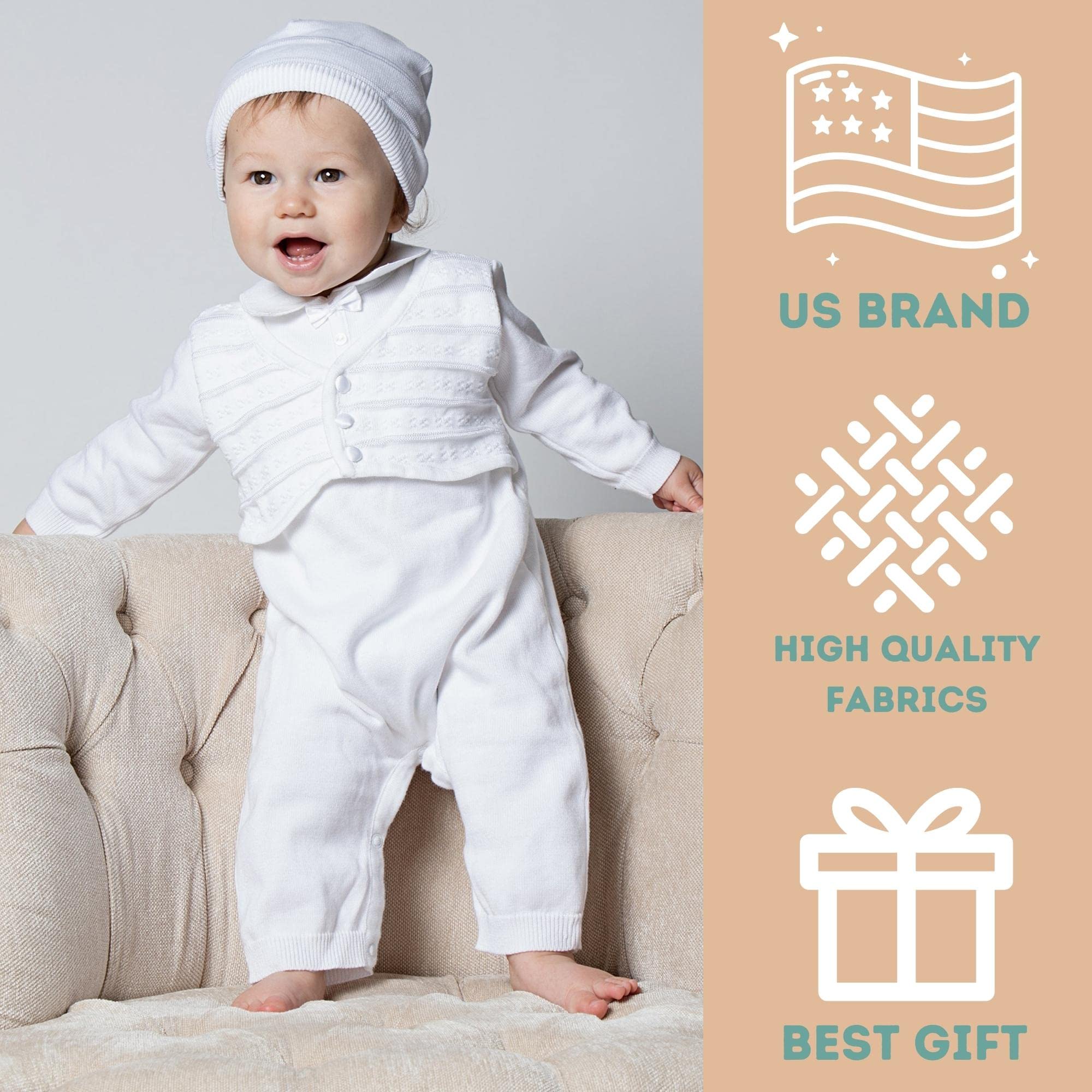 Baby Boys Christening Outfit - White Baptismal Suit Set with Hat & Booties | Perfect for Christening, Baptism & First Communion Ceremonies