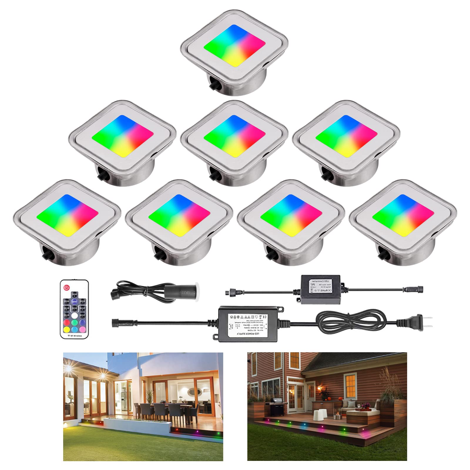 8 Pack RGB Multi-Color Recessed LED Deck Lights with Remote Control - IP67 Waterproof Square In-Ground Lighting Kit for Outdoor/Indoor Use - Perfect for Garden, Yard, Steps, Stairs, Patio & Pathway Illumination