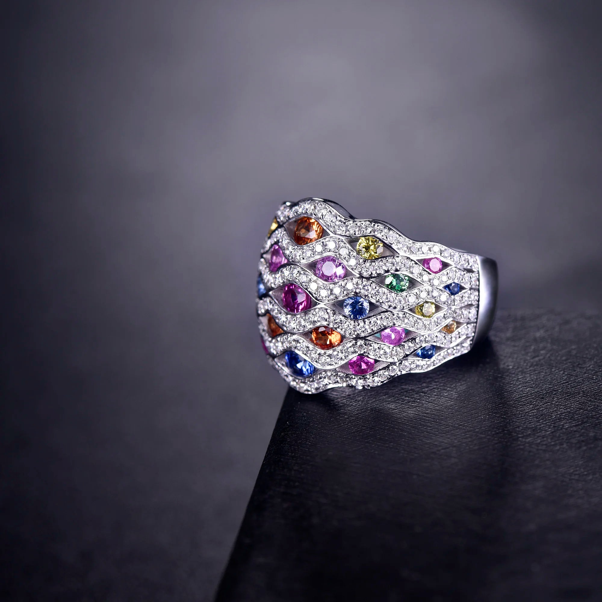 14K White Gold 7.33g Multicolor Sapphire & Diamond Engagement Ring for Women - Perfect for Proposals, Weddings & Anniversary Gifts