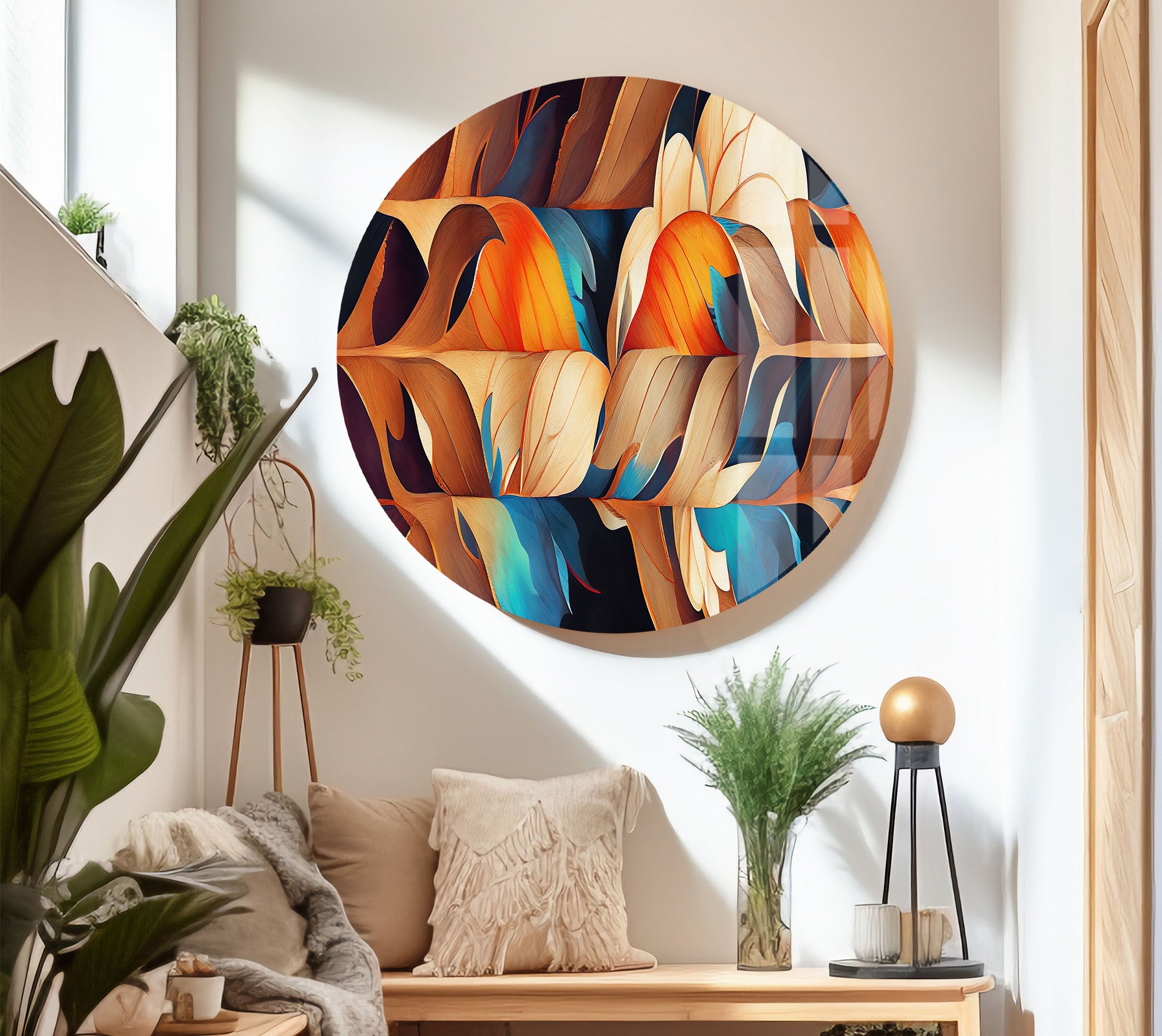 Abstract Feather Flow Glass Wall Art – Earthy Orange & Teal Nature Design Handmade Home Decor for Living Room, Bedroom & Office – Modern Nature-Inspired Wall Hangings