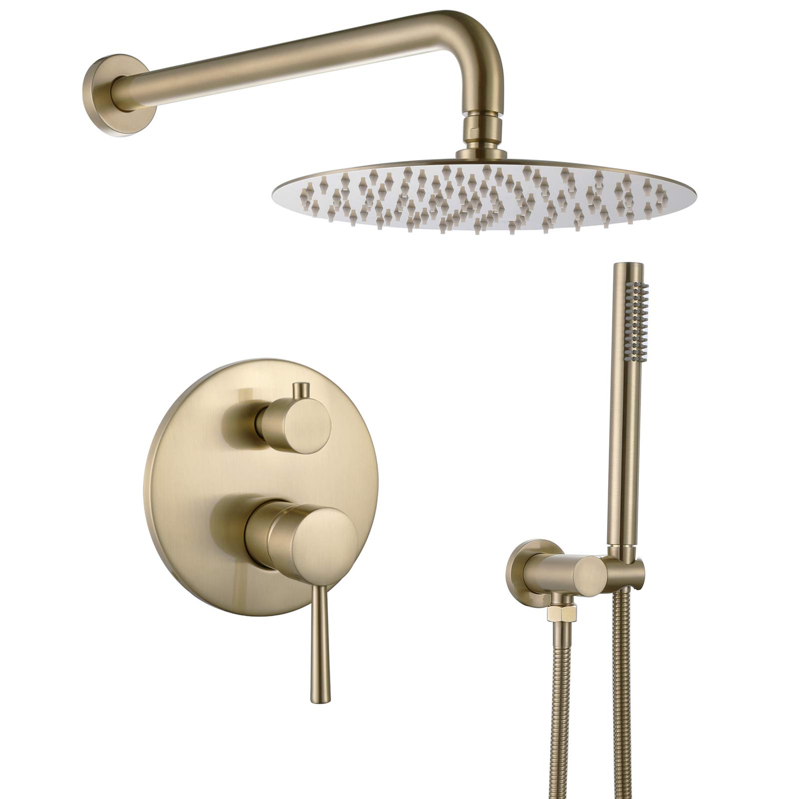 RBROHANT Brushed Gold Shower Faucet Set - 10 Inch Round Rainfall Shower Head with Handheld Spray, Wall Mounted Bathroom Fixture (Includes Rough-in Valve & Trim Kit) for Luxury Spa-Like Shower Experience