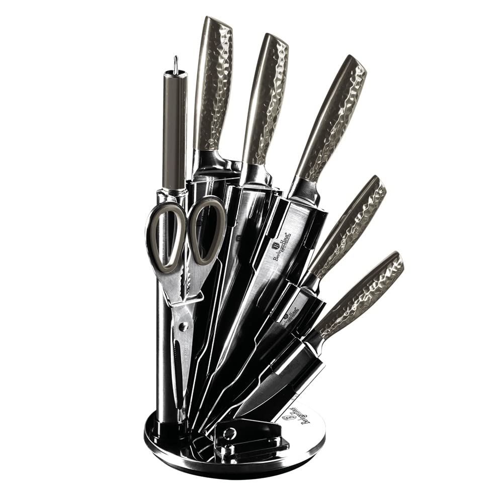 Premium 8-Piece Knife Set with Acrylic Stand - Carbon Collection Grey Stainless Steel Kitchen Knives with Ergonomic Handles - Perfect for Home Chefs, Cooking Enthusiasts & Professional Kitchens
