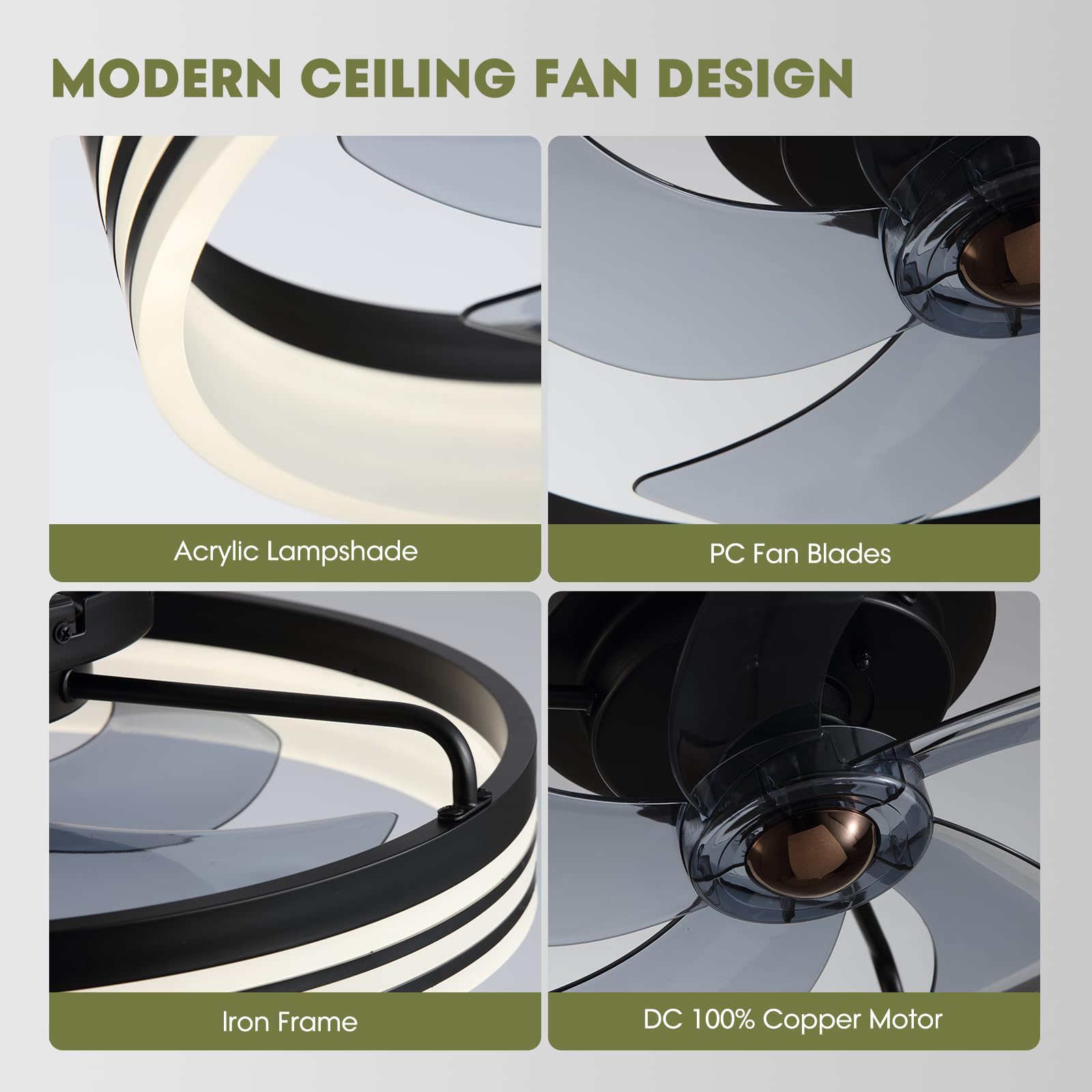 Smart Flush Mount Ceiling Fan with LED Lights & Remote Control - 6 Speed Low Profile 20