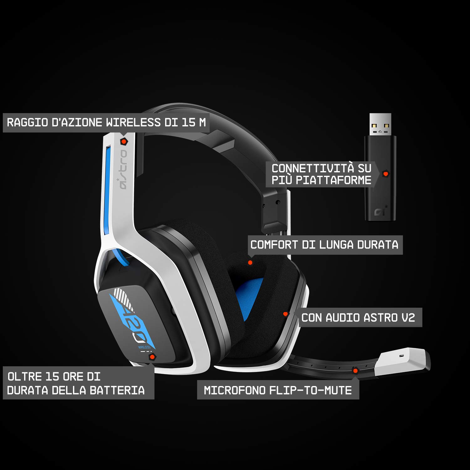 ASTRO Gaming A20 Wireless Gaming Headset Gen 2 - Lightweight & Durable, Flip-to-Mute Mic, 15+ Hour Battery Life, 15m Wireless Range - Compatible with PS5, PS4, PC & Mac - Multicolor - Perfect for Competitive Gaming & Long Streaming Sessions