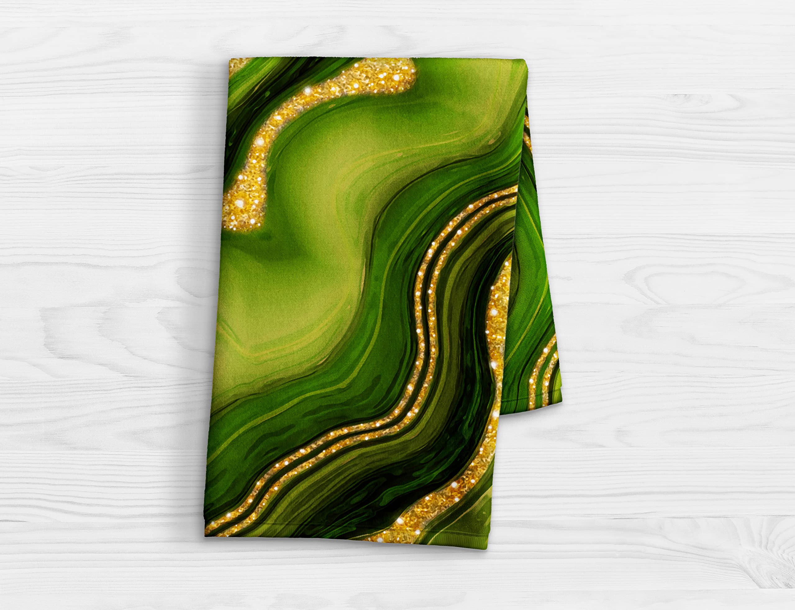 Lime Green and Gold Marble Print Hand Towel - Faux Agate Cotton Terry Cloth Kitchen & Bathroom Towel Set (15