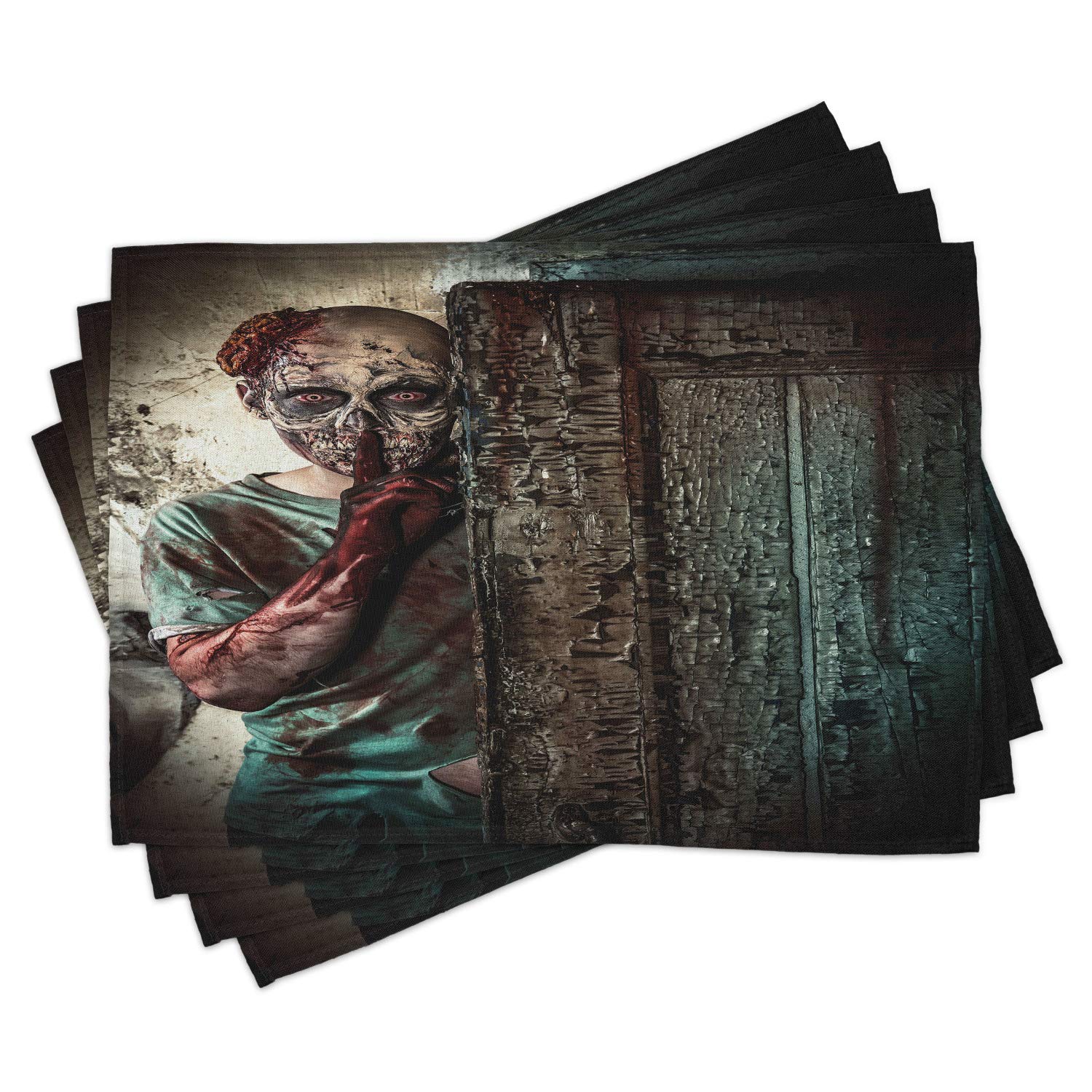 Ambesonne Zombie Place Mats Set of 4 - Monster Behind Door with Evil Eyes Horror Print, Washable Fabric Dining Table Mats for Kitchen & Halloween Decor in Umber Teal Tan - Perfect for Spooky Dinner Parties & Themed Home Decor
