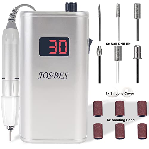 JOSBES Professional 30000 RPM Rechargeable Electric Nail Drill - Portable E File Machine for Acrylic Nails, Natural Nail Extensions & Gel Polish Shaping | Perfect for Home Manicures & Salon Professionals (Silver)